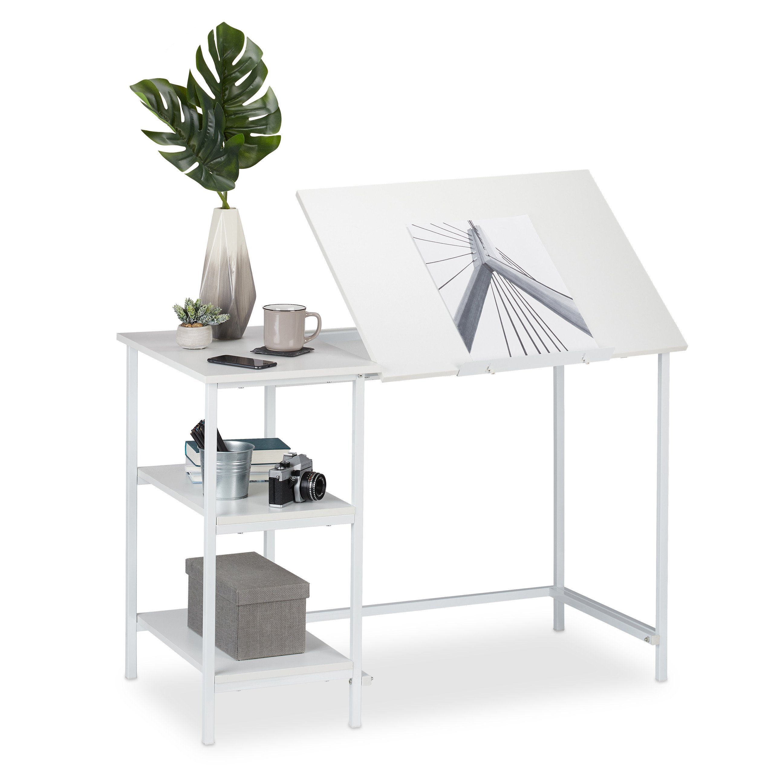 relaxdays Schreibtisch Schreibtisch neigbar mit 3 Ablagen, Weiß / Weiß