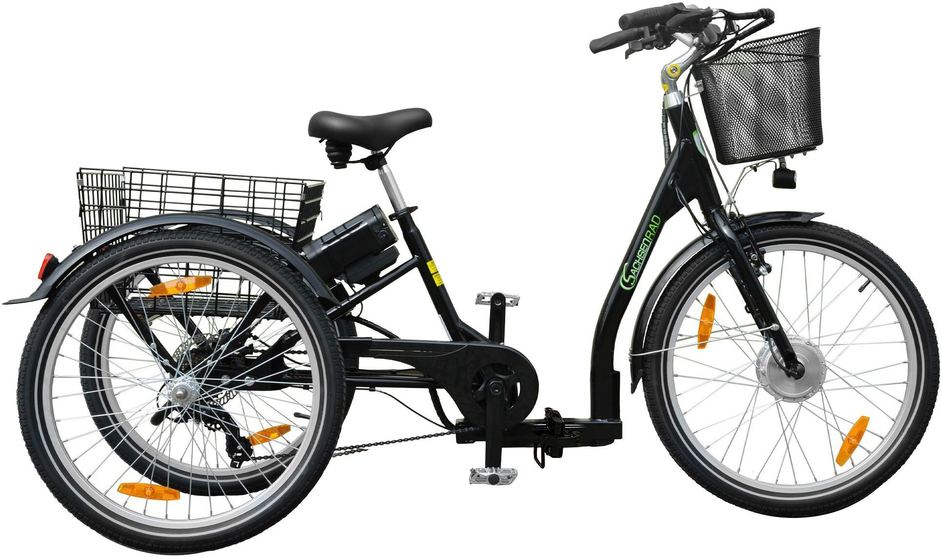 SachsenRAD E-Bike Lastenrad T3A mit Alarmanlage, 7 Gang Shimano Shimano 7-Gang-Kettenschaltung Schaltwerk, Kettenschaltung, Frontmotor, 470 Wh, (LED-Frontlicht, Alarmrücklicht mit Bremslicht, Ledersattel, 3-Räder), Lastenkorb, Lenkerkorb, LCD-Steuer- disp