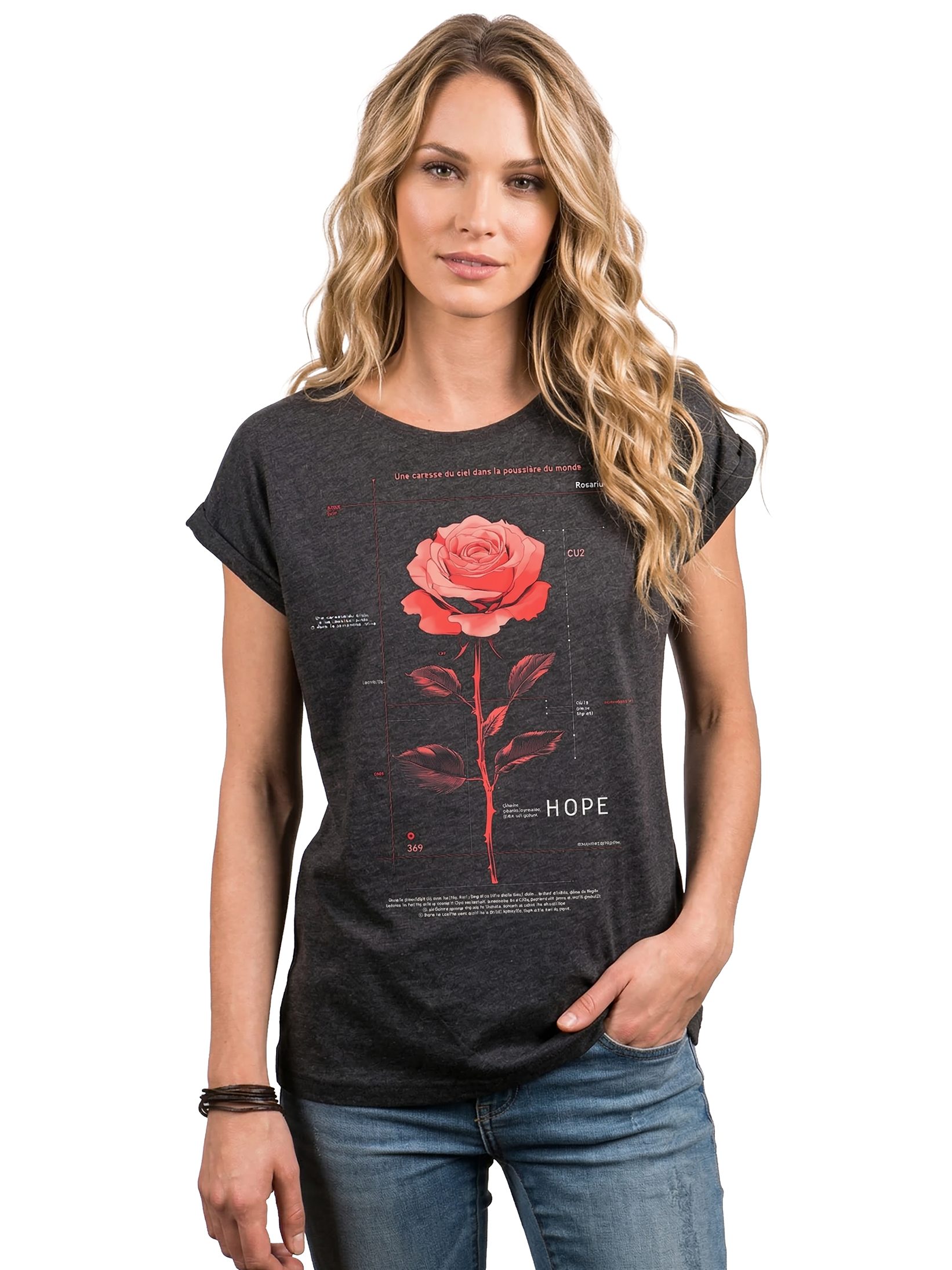 MAKAYA T-Shirt Damen-Top mit Rosendesign – femininer Print in Rosa (Schwarz, Blau, Dunkelgrau, 34, 36, 38, 40, 42, 44, 46, 48, 50) Baumwolle
