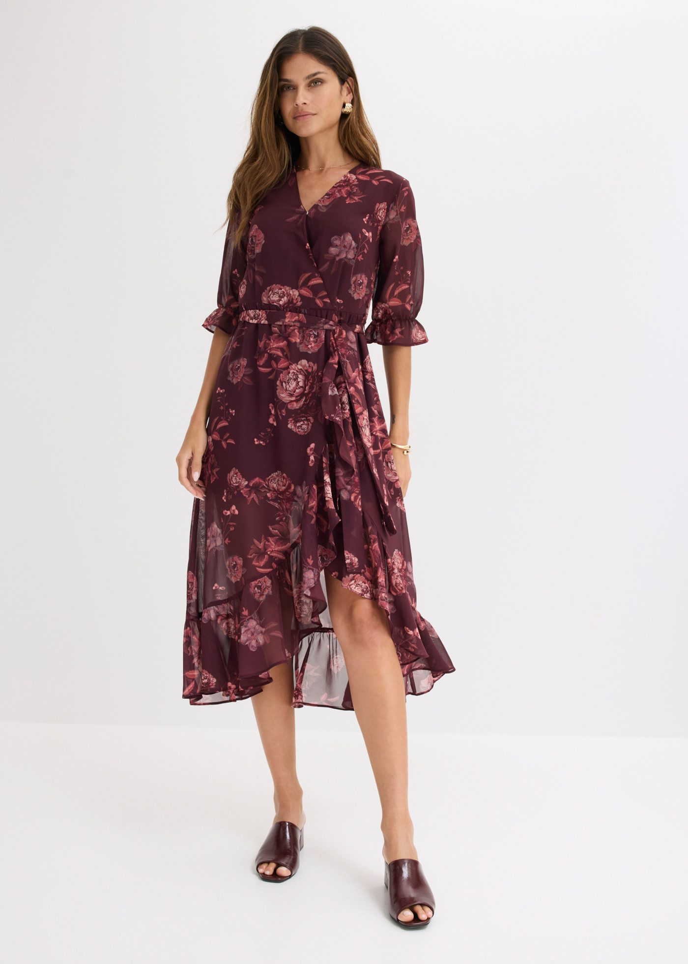 bonprix Chiffonkleid mit Volant, ausgestellte Passform, Halbarm, ohne Kragen