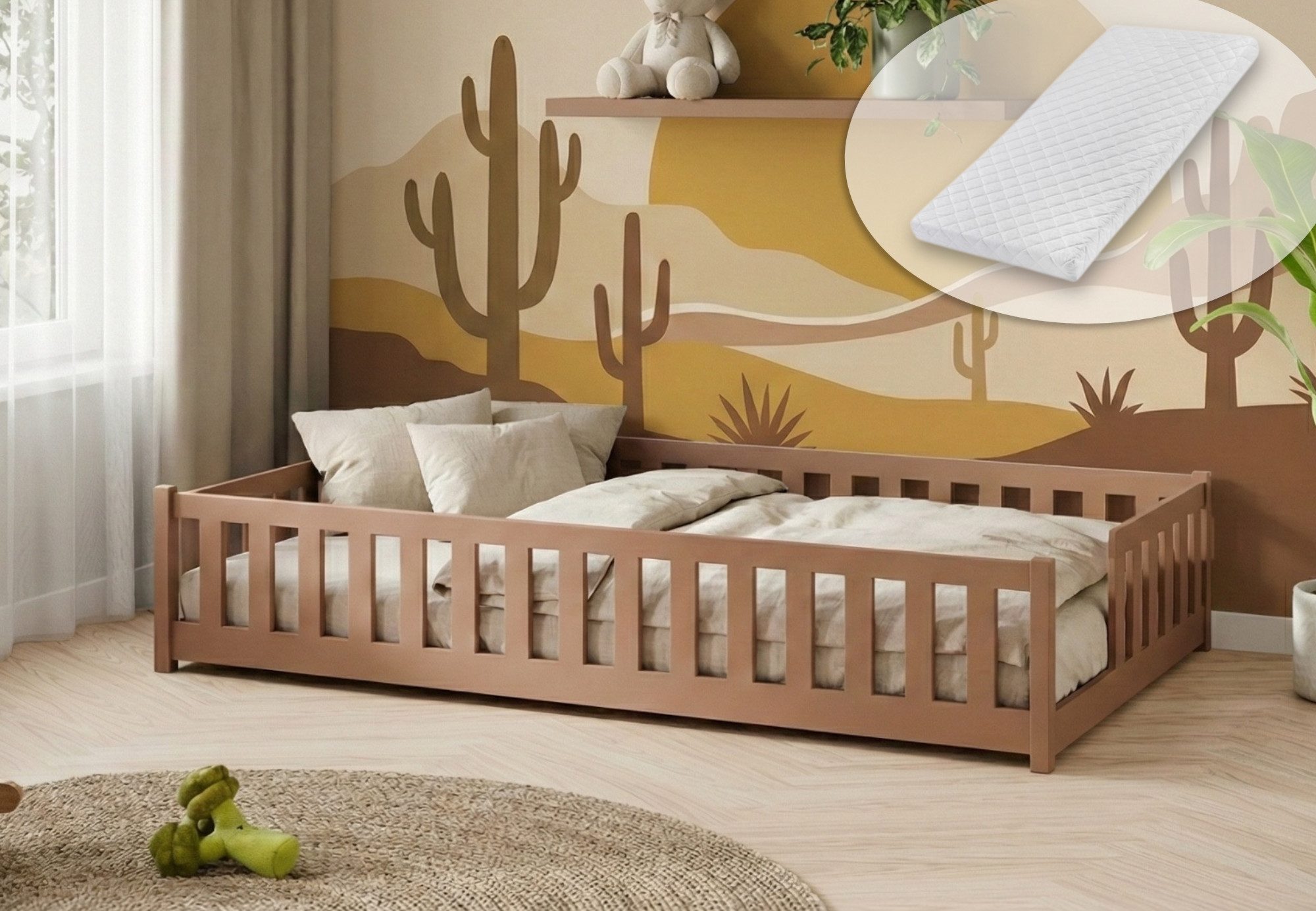 Kids Collective Kinderbett Kinderbett mit Rausfallschutz & Lattenrost Montessori Betten Kinder, Jugendbett Einzelbett Kiefer mit Matratze Zimt 90x190 cm