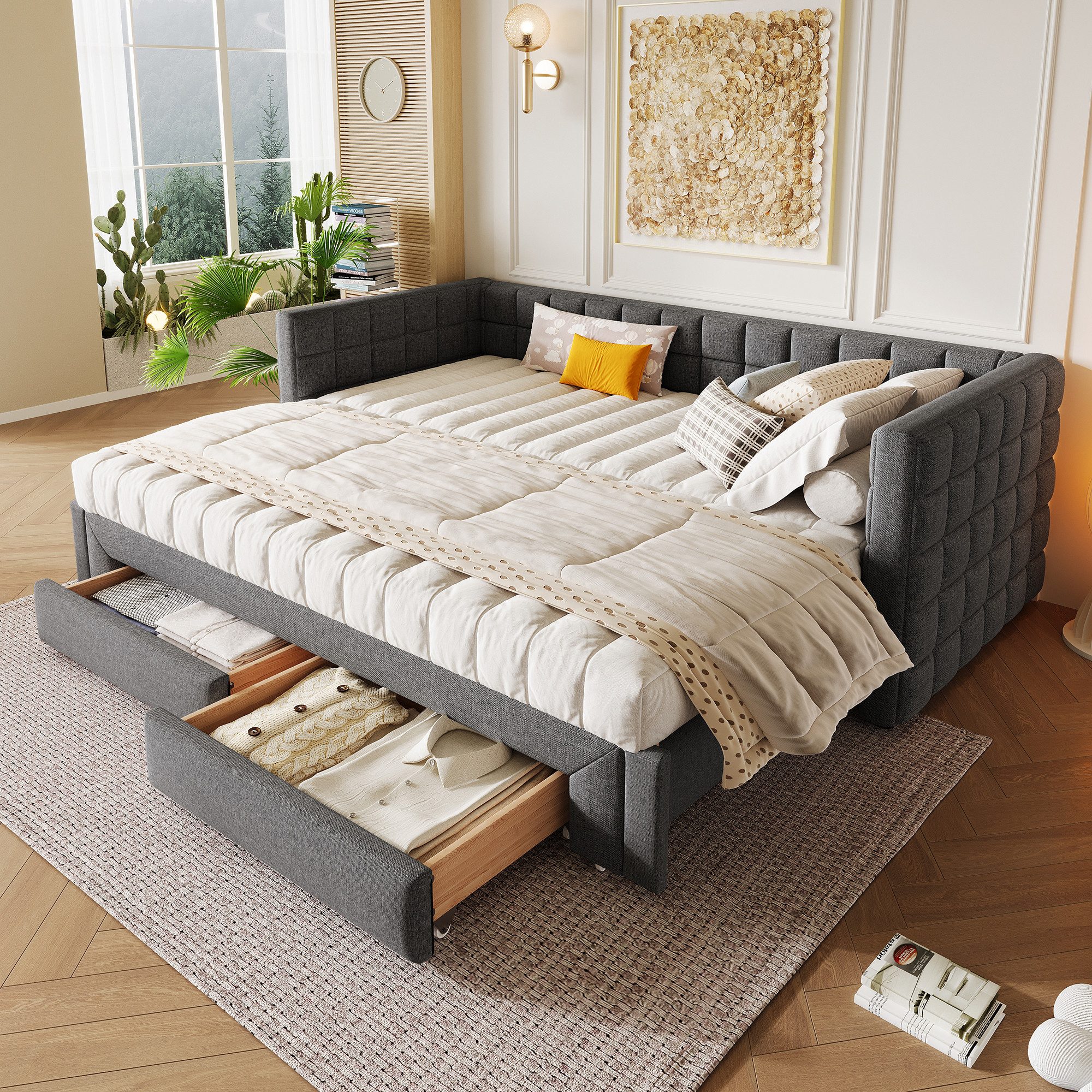 SOFTWEARY Schlafsofa mit Bettfunktion und Schubladen, 90x200cm/180x200cm, Schlafsofa mit Ausziehbett, Polsterbett