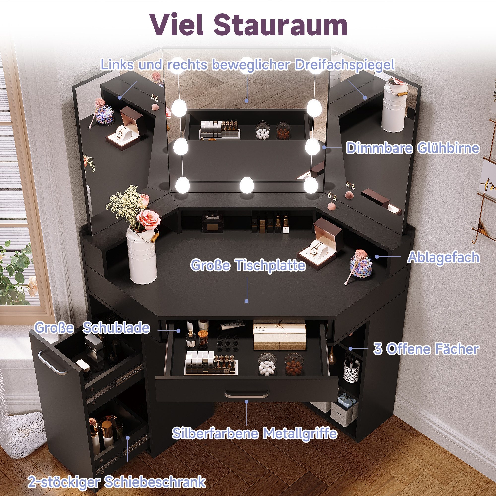 SONNI Schminktisch Eckschminktisch mit/ohne LED-Beleuchtung, Weiß & Schwarz, Eck-Schminktisch, mit LED-Beleuchtung und Spiegel, 110 x 141.5 cm – Bild 4 von 5