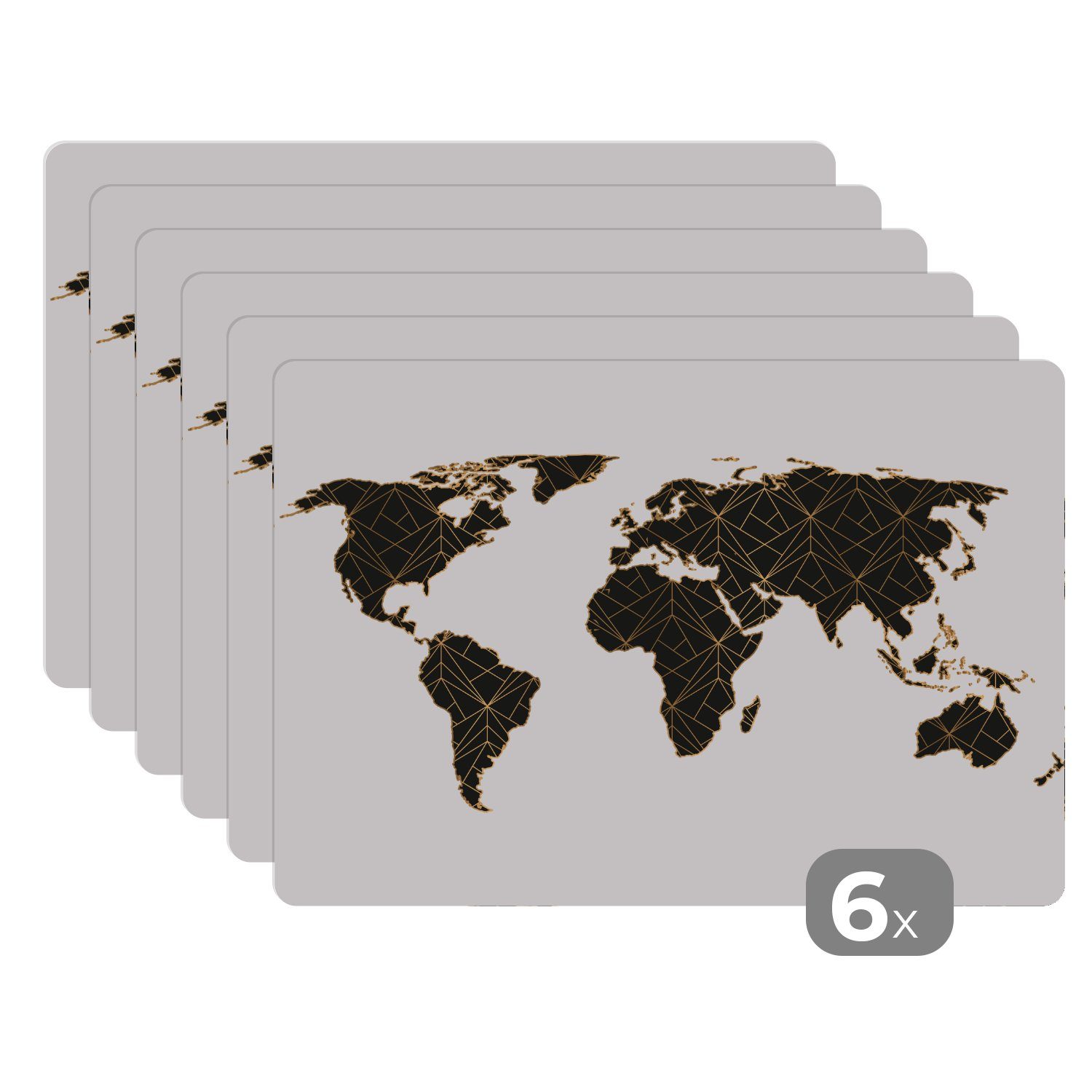 Platzset, Weltkarte - Linien - Gold, MuchoWow, (6-St), Platzset, Platzdecken, Platzmatte, Tischmatten, Schmutzabweisend