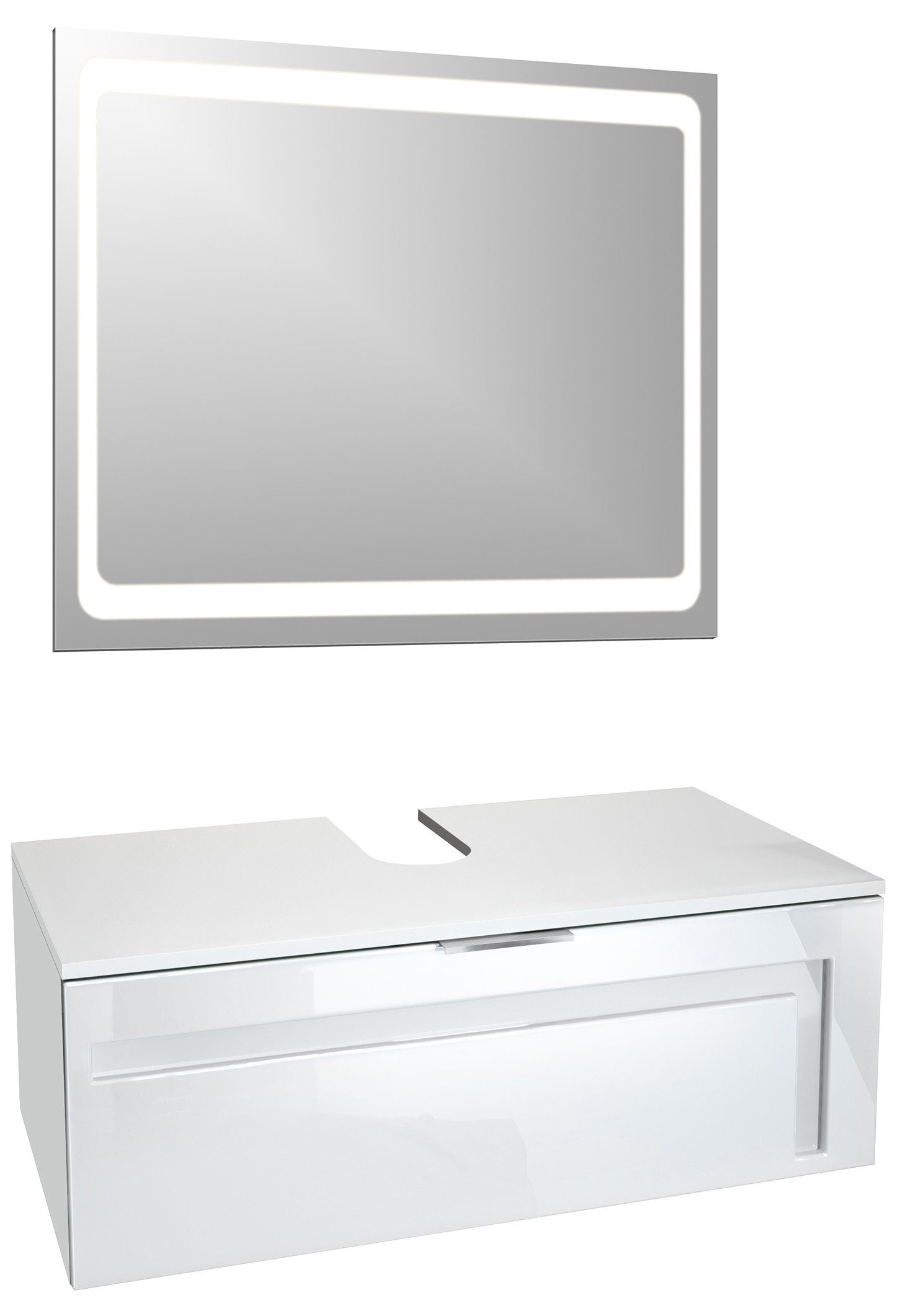 Vladon Waschbeckenunterschrank Aloha (Wachtischunterschrank, 1-St., mit LED-Spiegel und Waschbecken) Weiß matt/Weiß glänzend, Absetzung in Weiß glänzend (96x36x51 cm)
