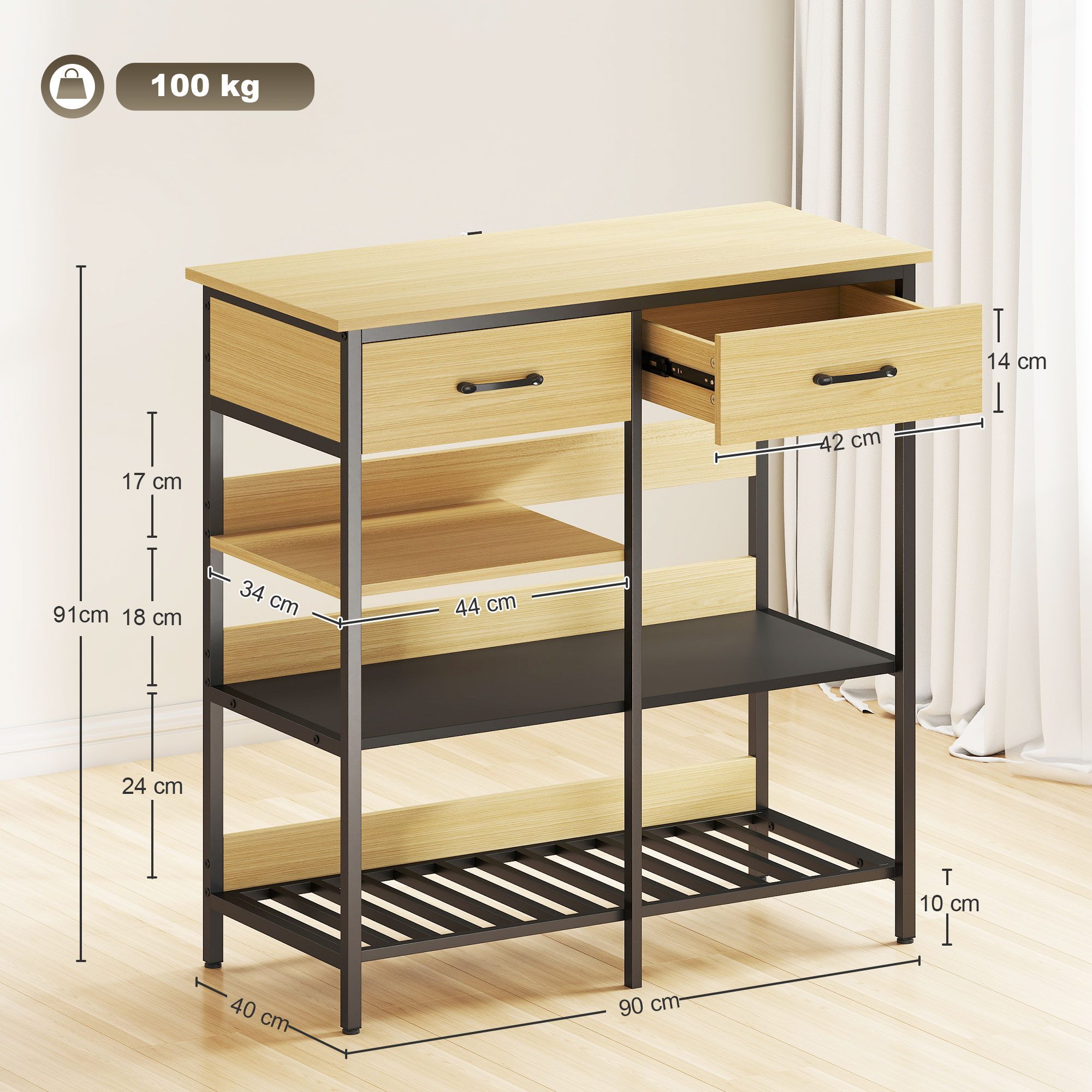HOMCOM Sideboard Aufbewahrungsschrank mit 2 Schubladen, 3 offenen Regalen (Kommode, 1 St., Küchenschrank), für Küche, Wohnzimmer, Esszimmer, 90x40x91 cm, Naturholz