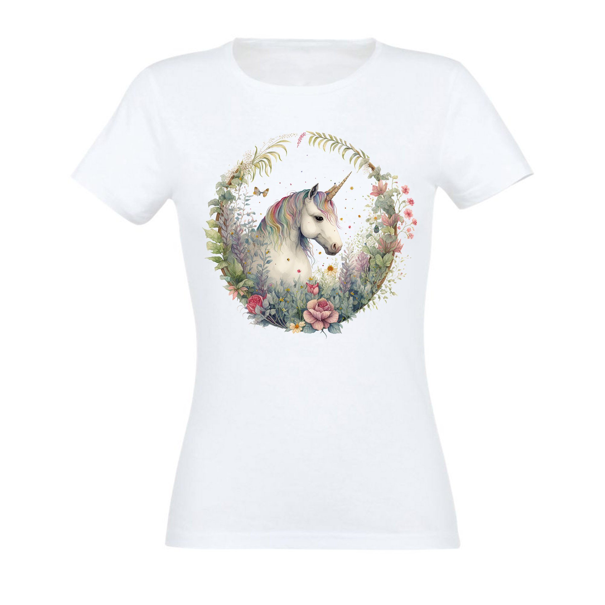 Banco T-Shirt Banco Unicorn T-Shirt mit Unicorn im Kranz Druck Damen Sommermode Weiß
