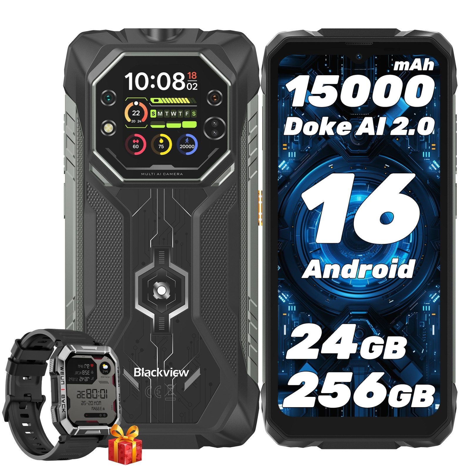 blackview ROCK 1 Android 16, 20 MP Nachtsicht, Dual-Display inkl. W60 Outdoor Smartphone (16,66 cm, 256 GB Speicherplatz, 16 MP + 20 MP Kamera, Android 16, 6,56"+2.01", 256GB, 16MP+20MP Nachtsicht, 33W)
