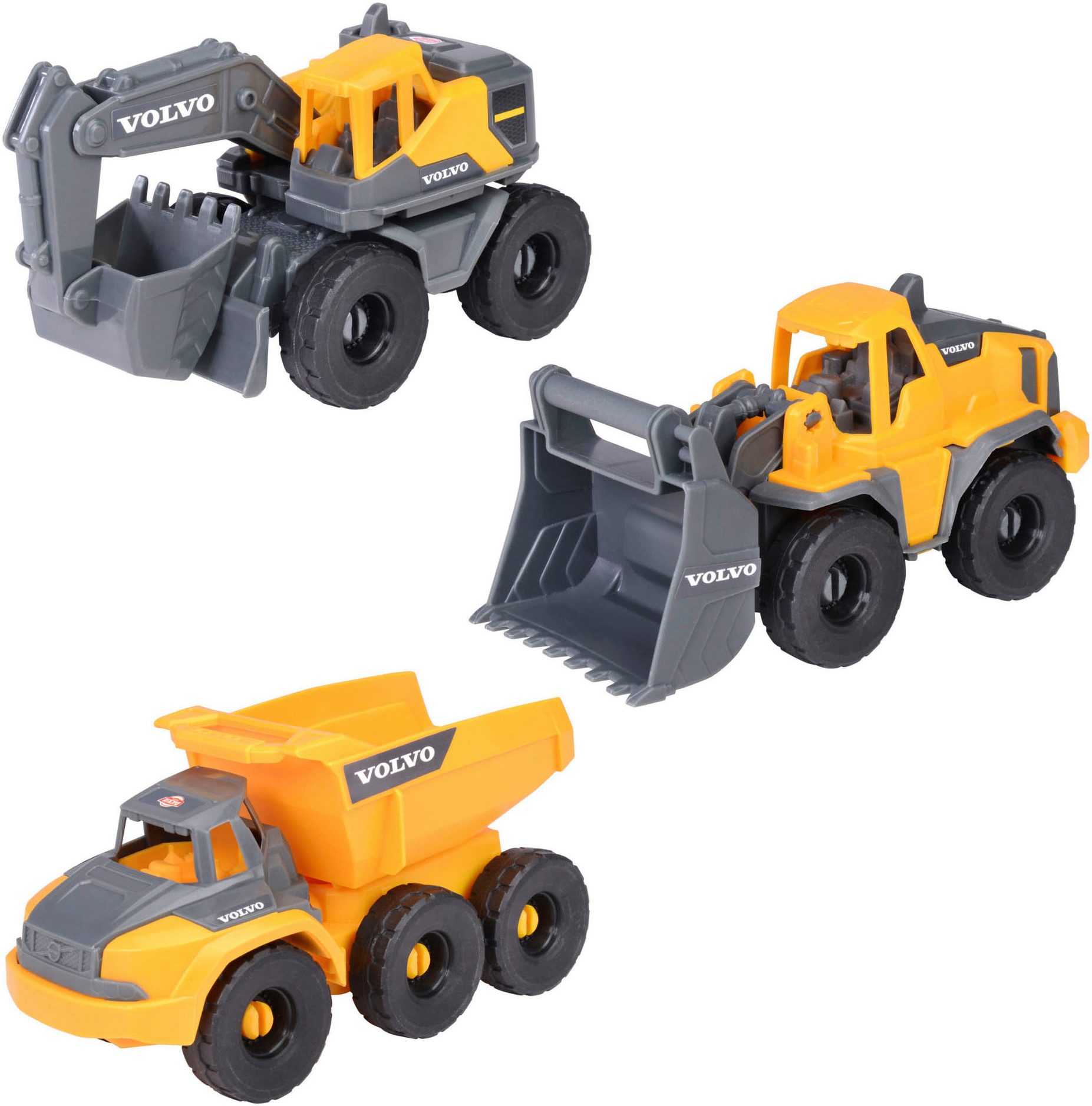 Dickie Toys Spielzeug-Baumaschine Volvo Construction Set, (Set, Bestehend aus Bagger, Radlader, Kipplaster)
