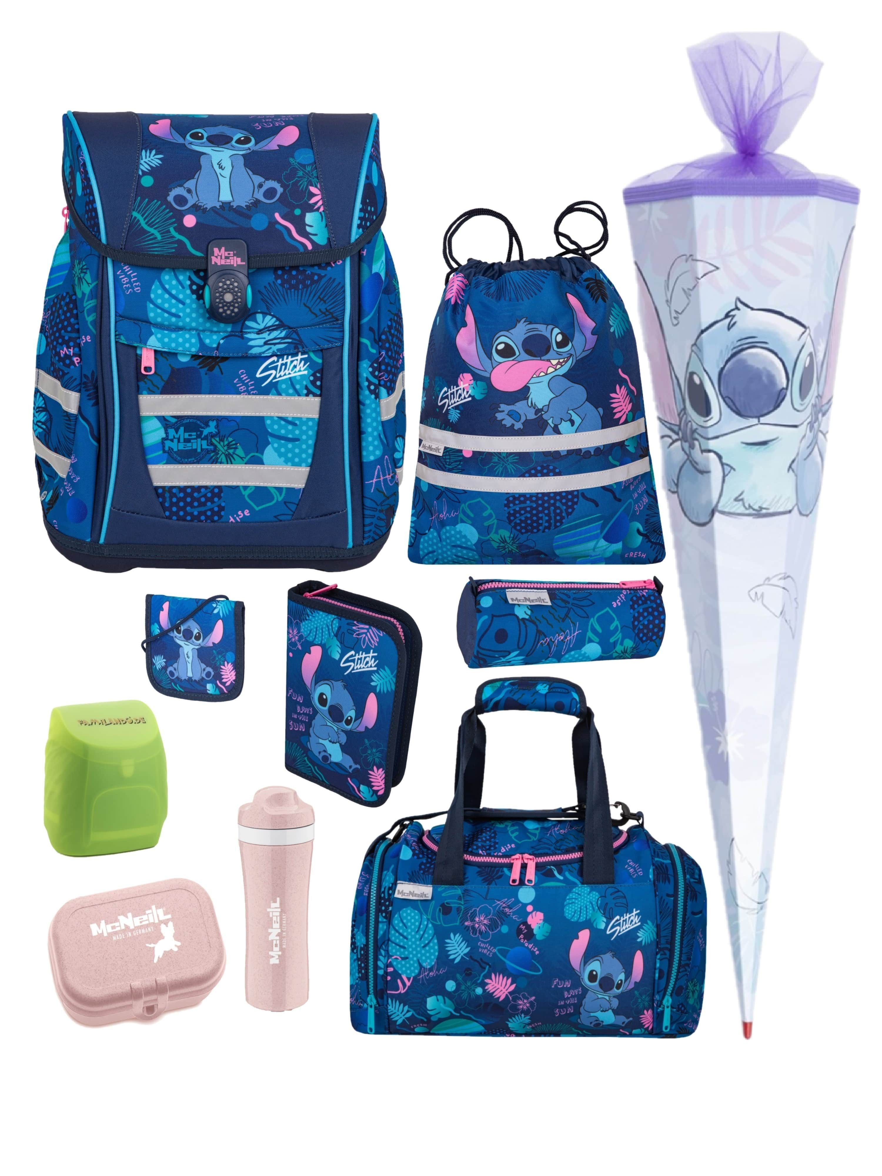 McNeill Ранцы Disney Stitch Ранцы ab der 1. Klasse, 18L Volumen, 980 Gramm (Set, 10-tlg., mit Dose, Flasche, Sporttasche und Schultüte 85 cm), McNeill Teneris Sonder-Edition