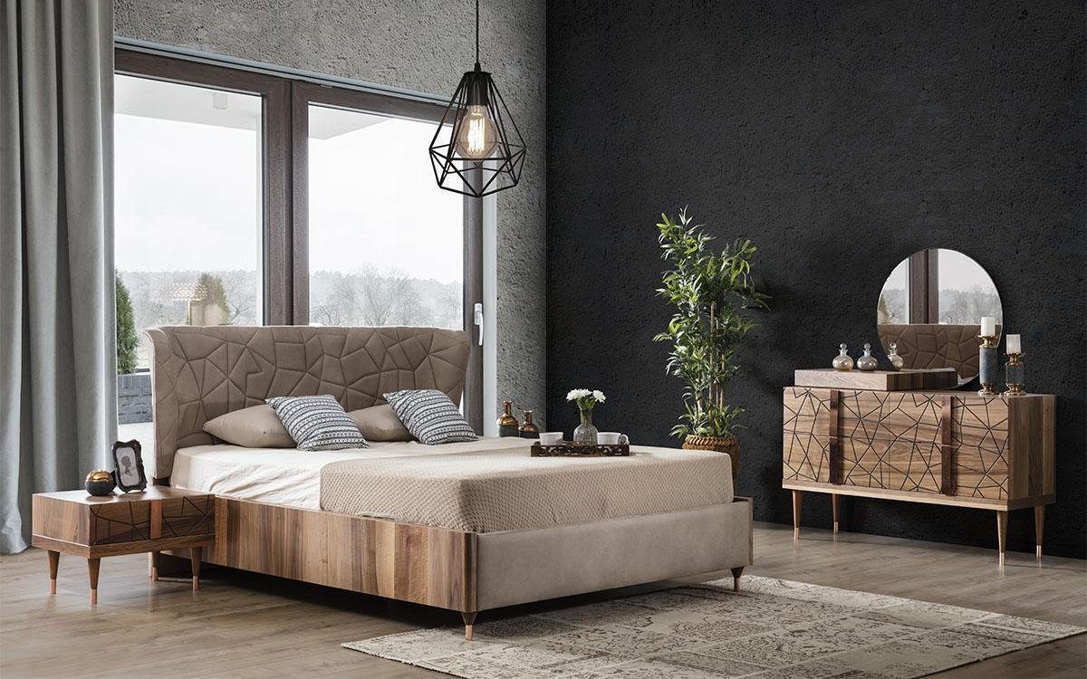 JVmoebel Schlafzimmer-Set Modern Schlafzimmer Set Bett + 2x Nachttische + Kommode mit Spiegel, Made In Europe