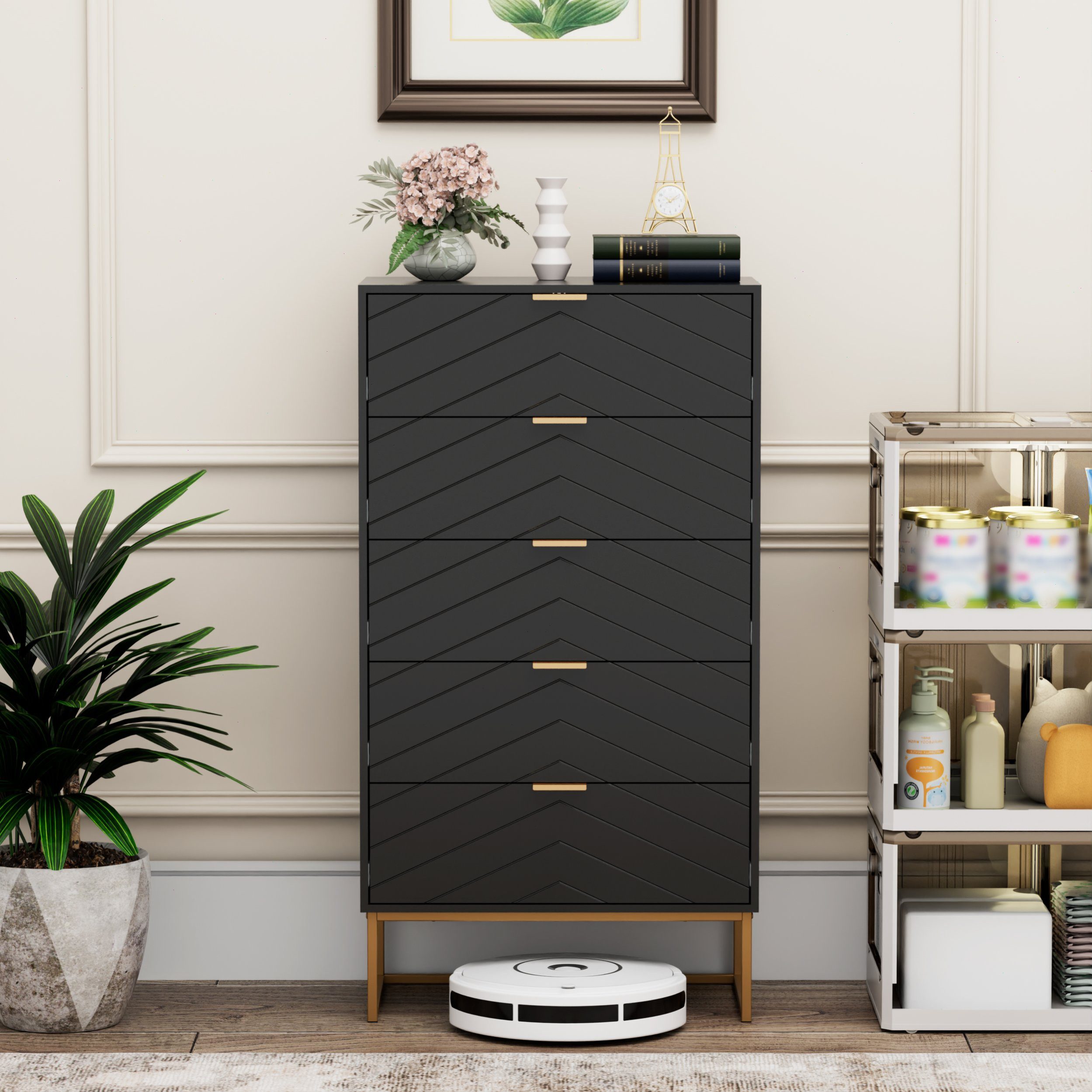 UEV Kommode mit 5 Schublanden, Sideboard, Schubladenschrank, Schmal kommode modern (60x34x110cm, Schrank für Wohnzimmer Schlafzimmer Flur Büro), mit Kippschutz Aufbewahrungskommode, Mehrzweckschrank aus Holz
