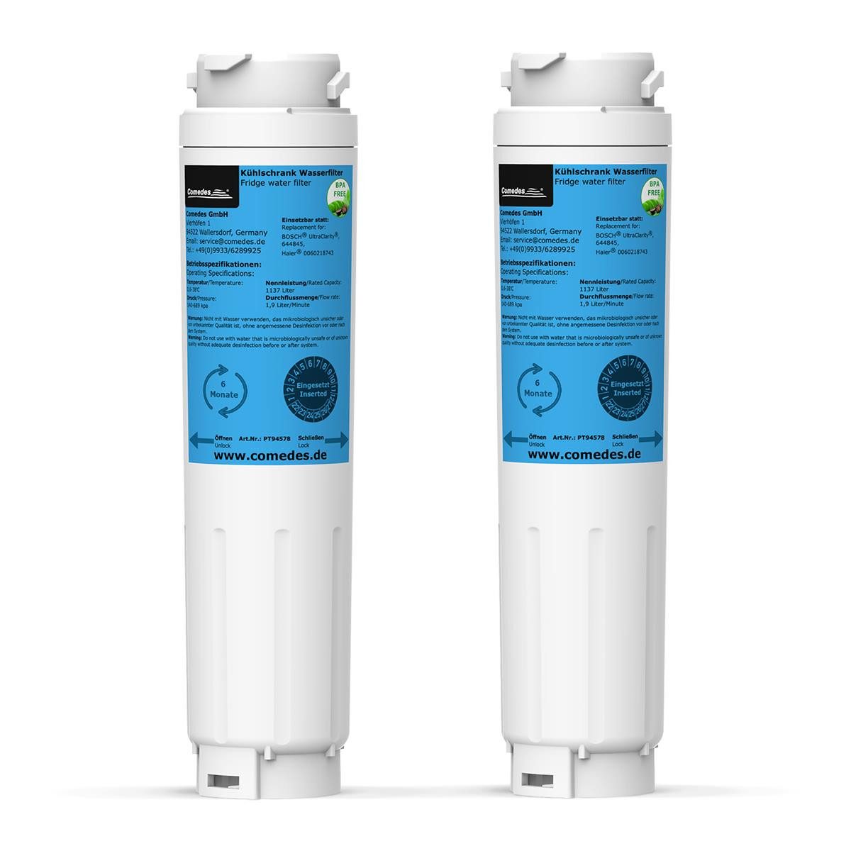 Comedes Wasserfilter 2er Set Comedes Wasserfilter passend für Bosch und Haier Kühlschränke, Zubehör für Unterschiedliche Kühlschränke von Bosch, Siemens, Neff, Miele und Haier