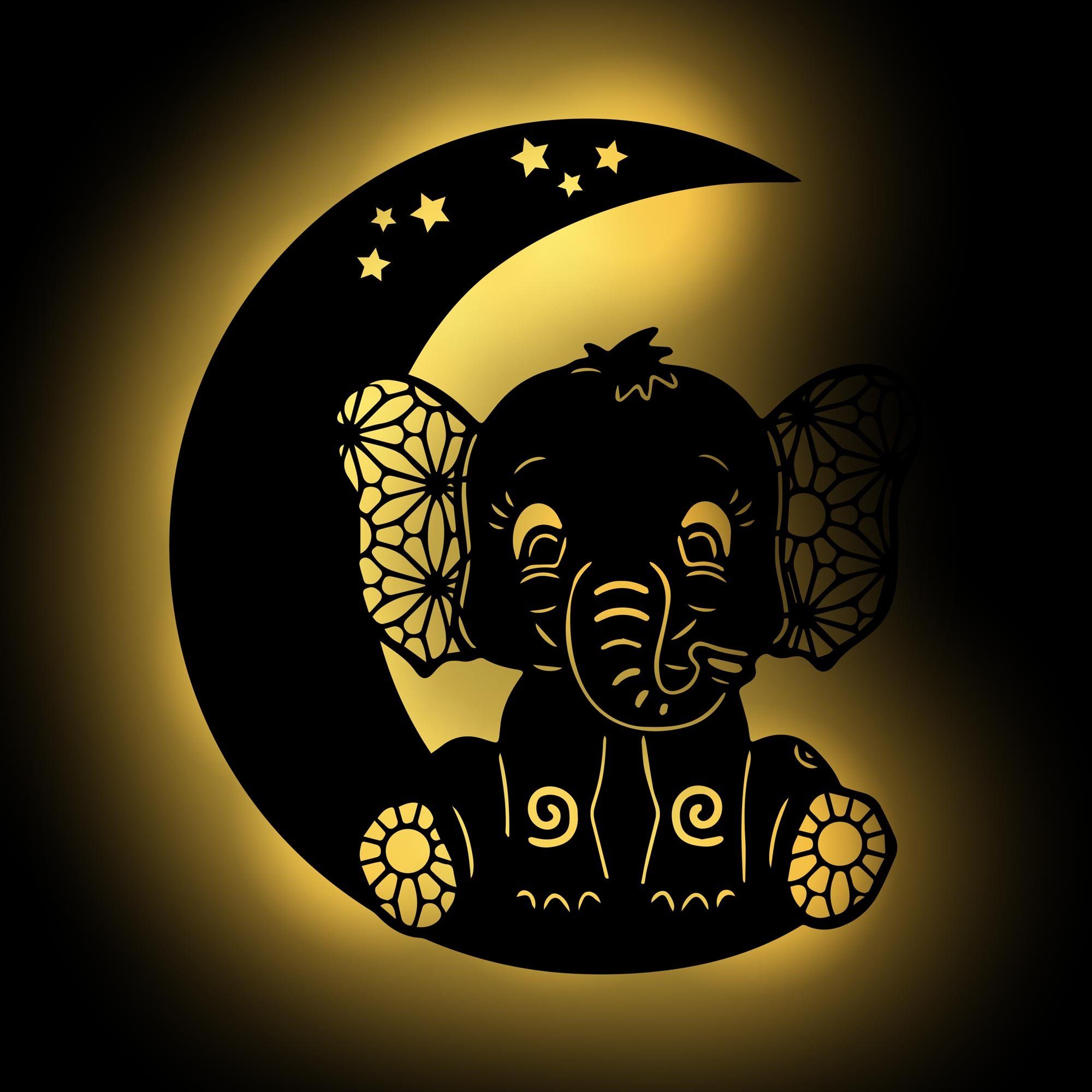 integriert, Zugschalter, auf mit für Motiv Grau Wanddekoobjekt fest Leuchte - Mond Schlaflicht Kleinkinder, Elefanten Warmweiß, Nachtlicht LED Elefant Kinderzimmer Ohne batteriebetrieben LED Namofactur
