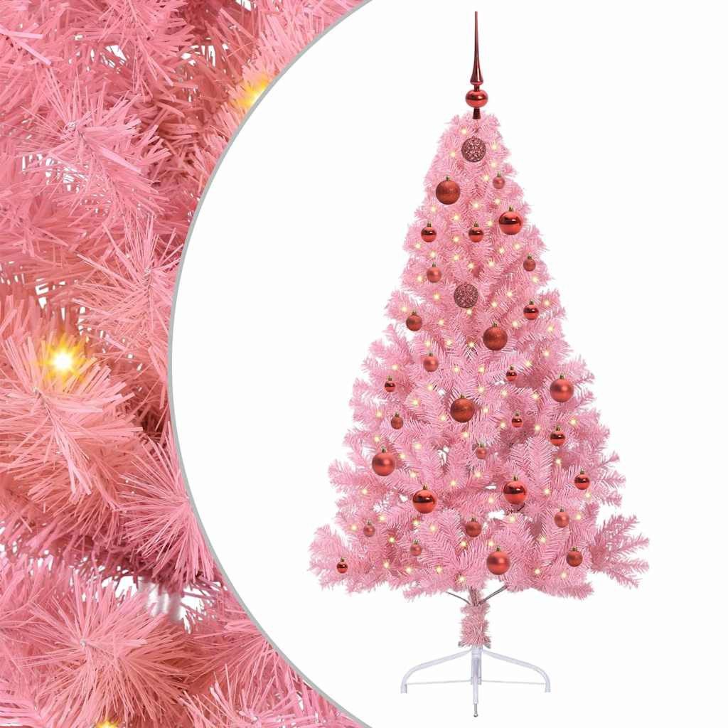 furnicato Künstlicher Weihnachtsbaum Rosa 150 cm mit warmweißen LED-Lichtern, UV-beständige Tanne mit 61 Kugeln, Baumspitze und 8 Blitzmodi