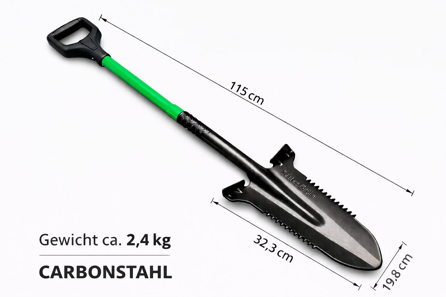 SattesGrün Spaten Profi Gartenspaten Wurzelspaten, (Einzelteil, 1-St., Spaten mit Sägekante), Carbonstahl-Schaufelblatt, Sägekante, ergonomischer D-Griff