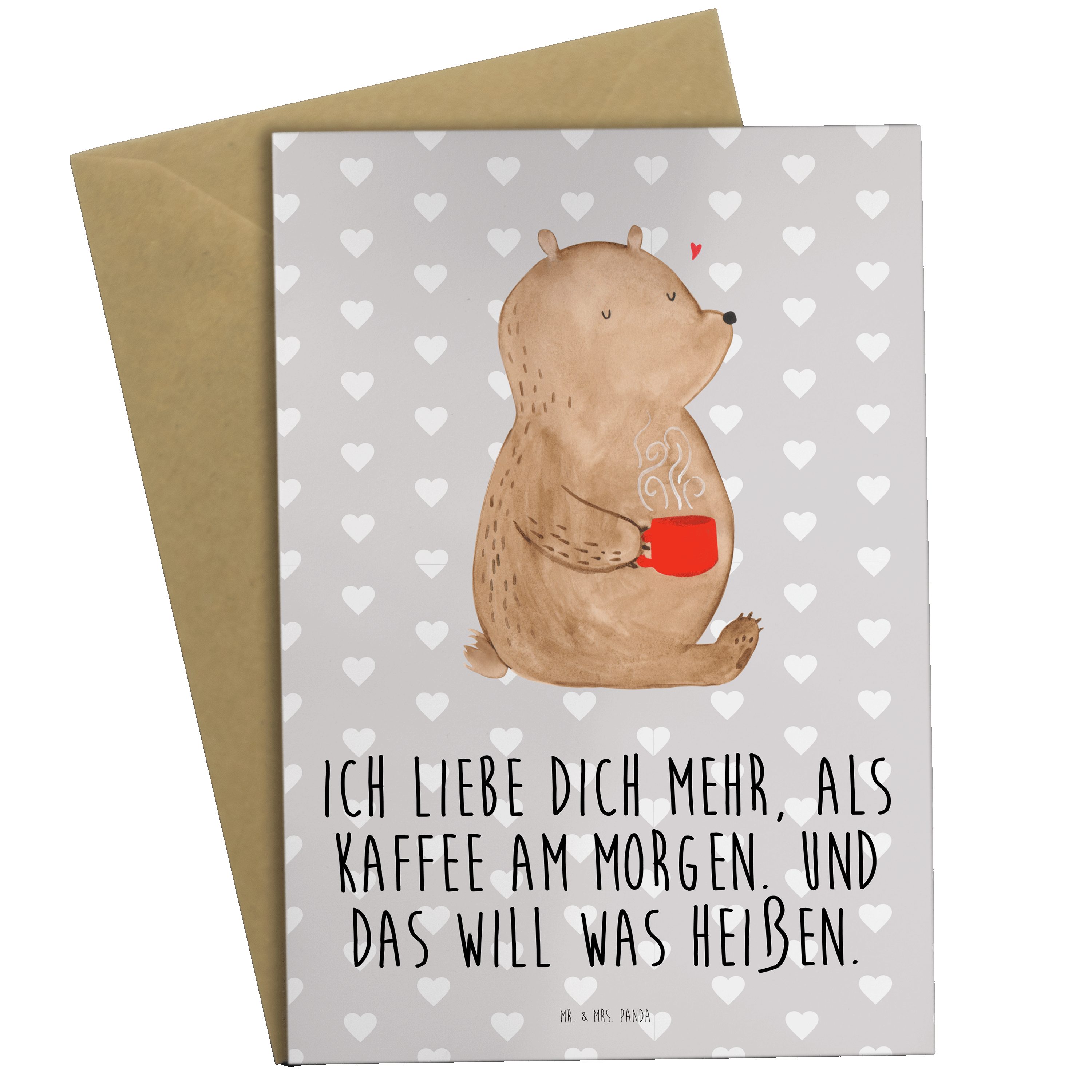 Mr. & Mrs. Panda Grußkarte Bär Morgenkaffee - Grau Pastell - Geschenk, Karte, Valentinstag, Lieb