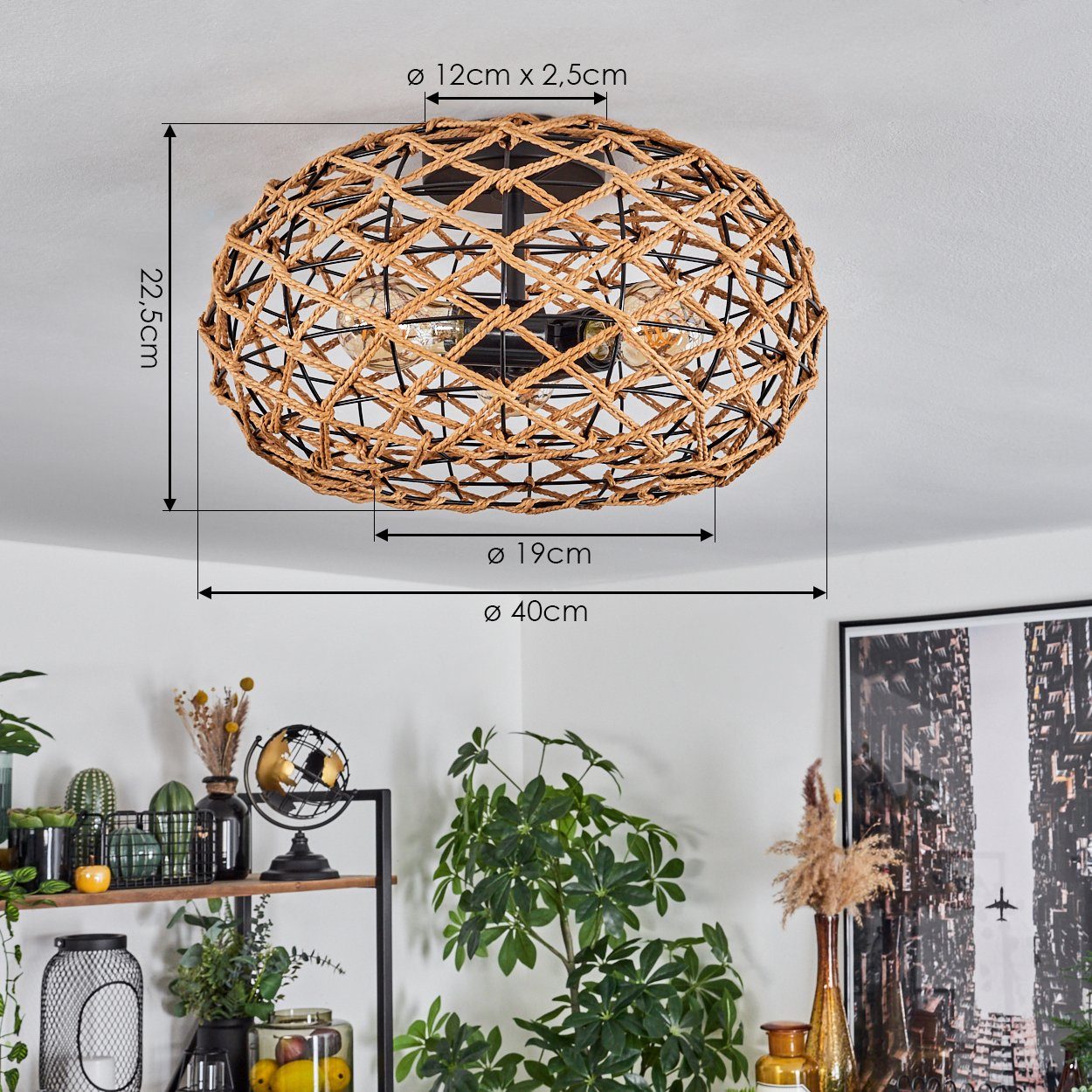 hofstein Deckenleuchte moderne Deckenlampe aus Holz/Rattan/Metall in Natur/Schwarz, ohne Leuchtmittel, Deckenleuchte Lichteffekt, Ø40cm, 3x E27, ohne Leuchtmitt – Bild 4 von 5