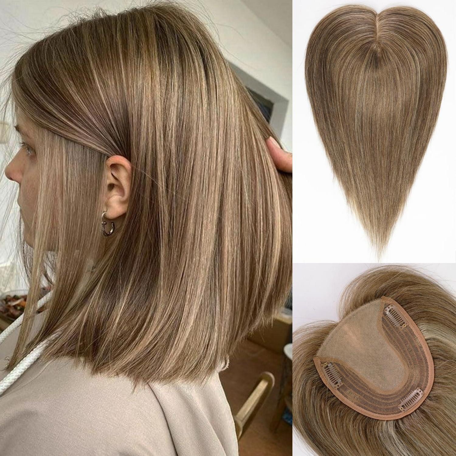 LuxusKollektion Toupet Haarteil Echthaar Damen Basis graue 14 Zoll ohne Pony Hellbraun