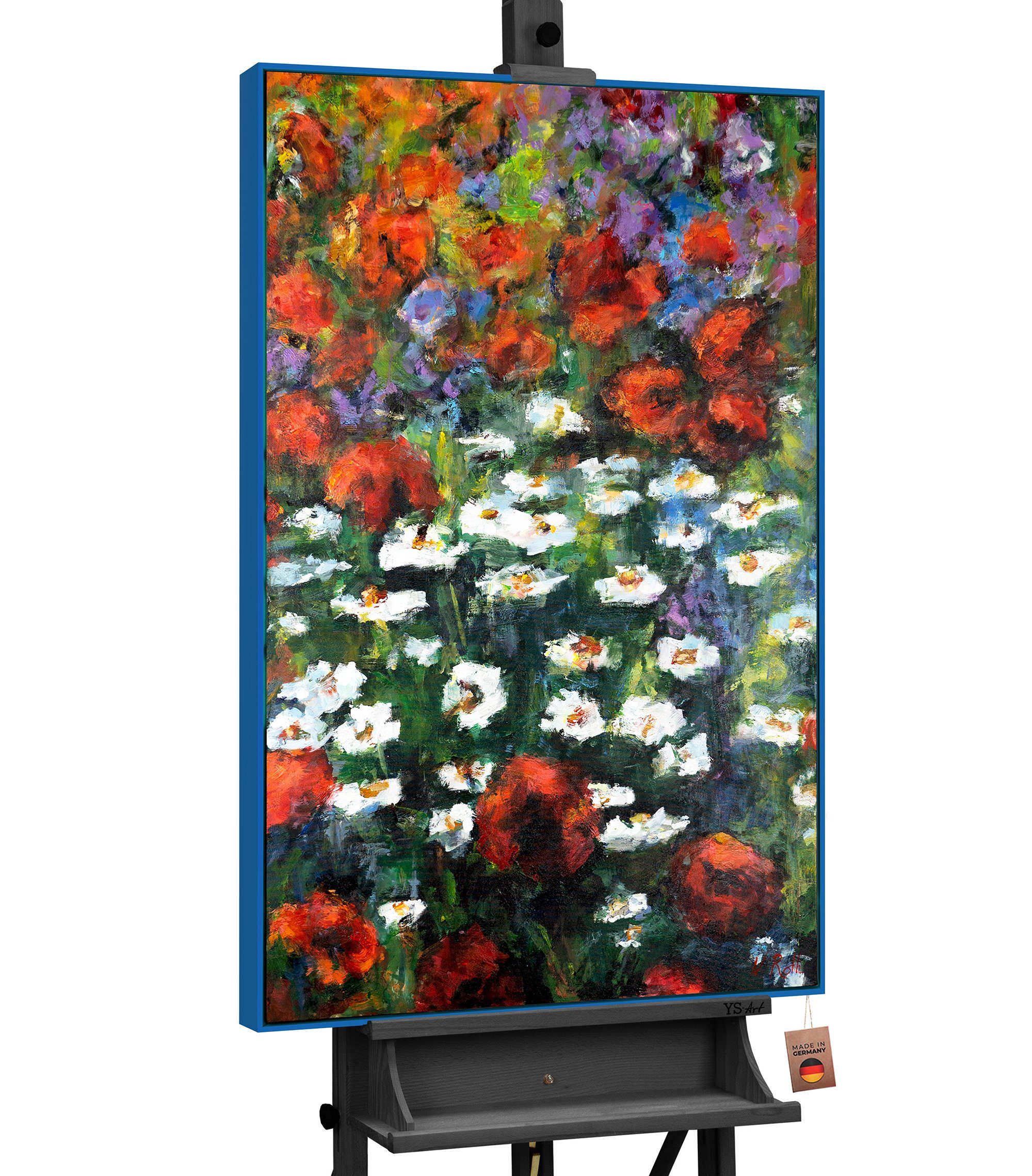 YS-Art Gemälde Blühende Weiten, Blumen Mit Rahmen in Blau