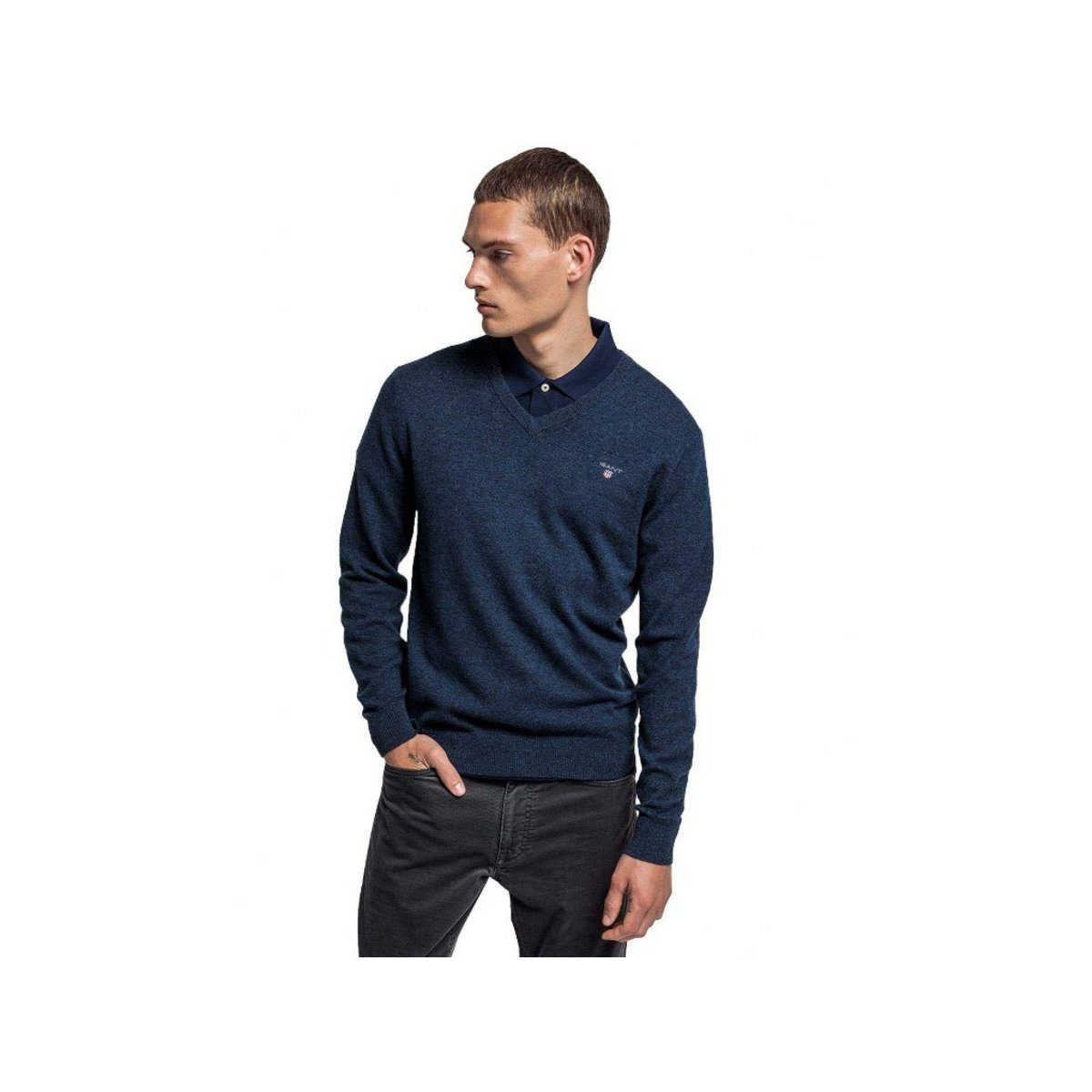 Gant Strickpullover GANT Lambswool V-Ausschnitt Pullover blau Superfine  Lambwool