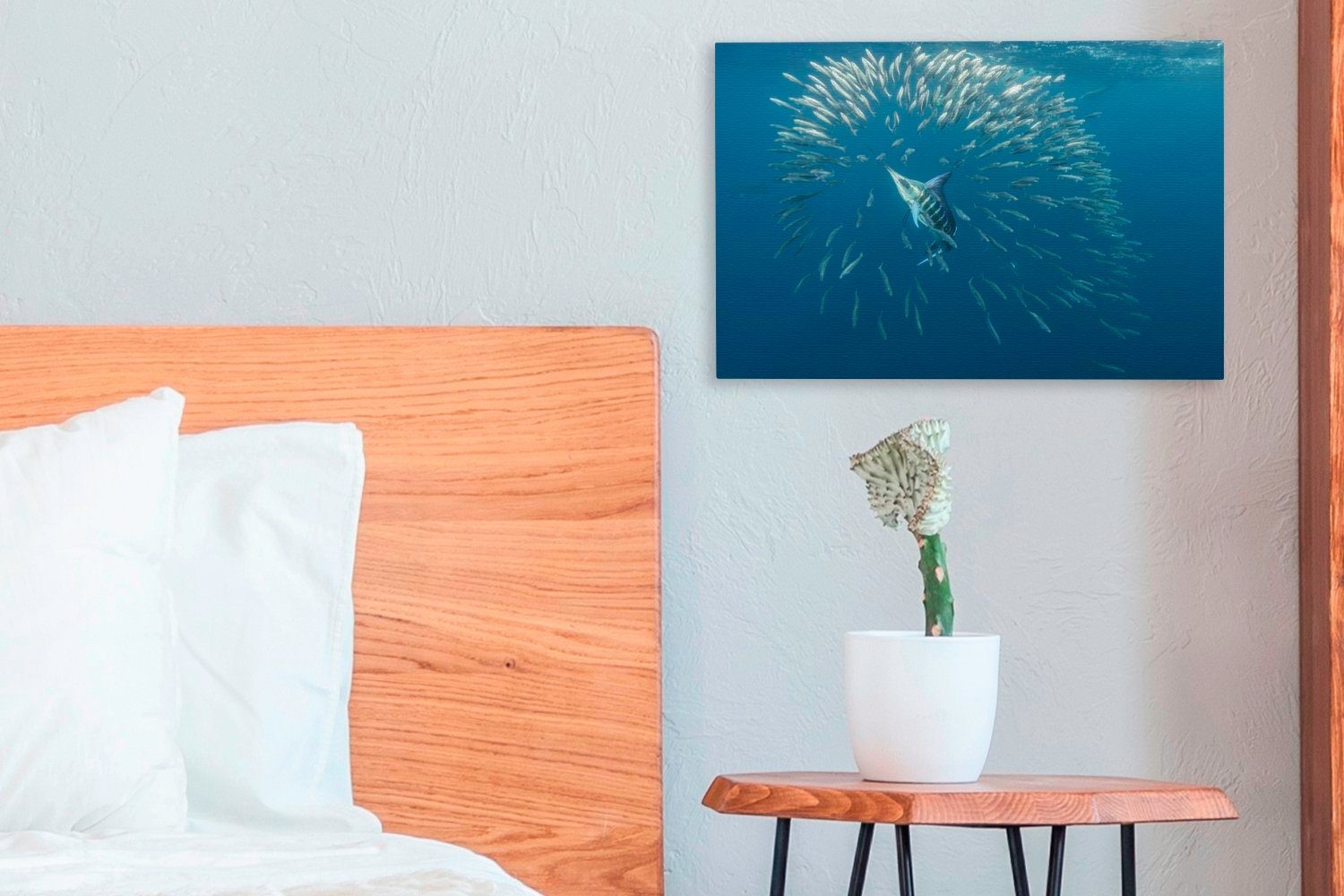 (1 Wanddeko, - cm Wasser, - Leinwandbilder, Aufhängefertig, Wandbild St), Blau 30x20 Schwertfisch Leinwandbild OneMillionCanvasses®
