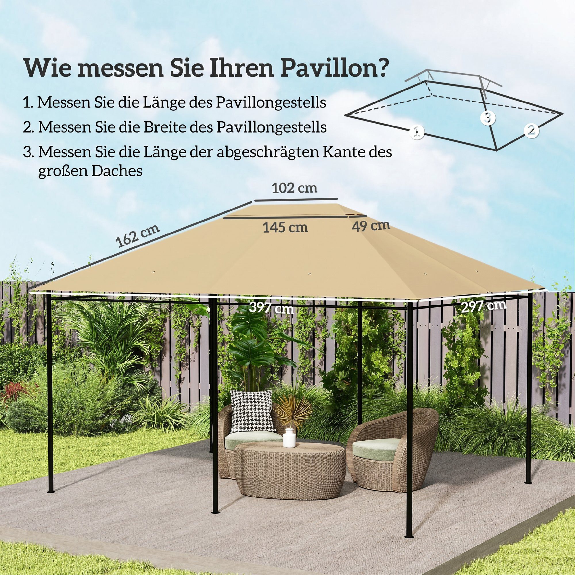 Outsunny Pavillon-Ersatzdach Pavillondach, für Gartenpavillon, aus Polyester-Stoff, Khaki, 180 g/m², 397 x 297 cm (Ersatzbezug, Ersatzteile), UV30+ Schutz, wasserabweisend, mit Lüftungsöffnung