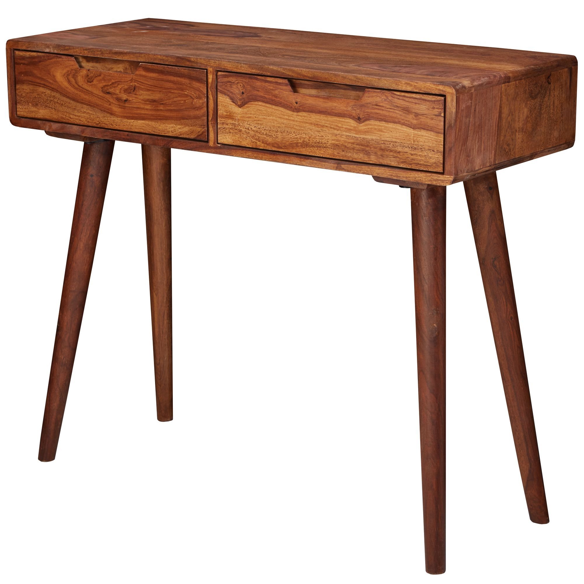 furnicato Konsolentisch 90x76x36 Massivholz, Walnuss Finish (1-St), Handgefertigter Beistelltisch mit 2 Schubladen und Griffmulden