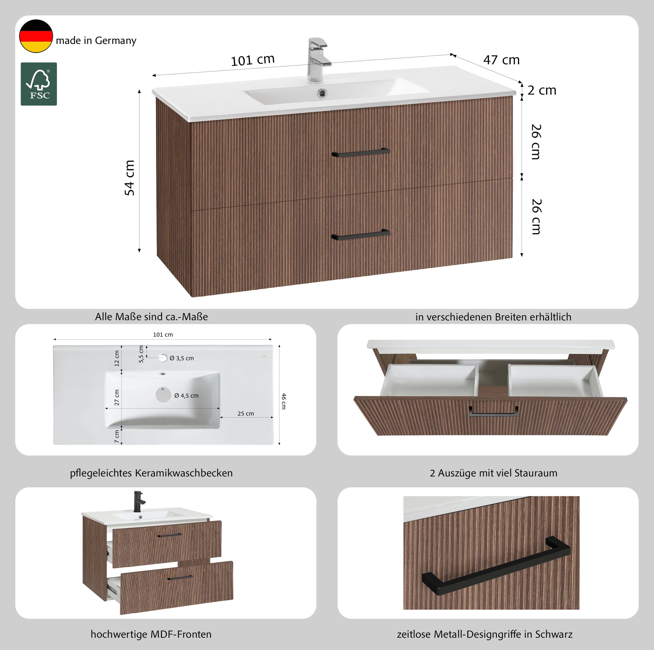 welltime Waschtisch Trento in verschiedenen Ausführungen Unterschrank inkl. Waschbecken, Badmöbel in Breite 100 cm, Waschplatz mit 2 Schubladen, Badschrank
