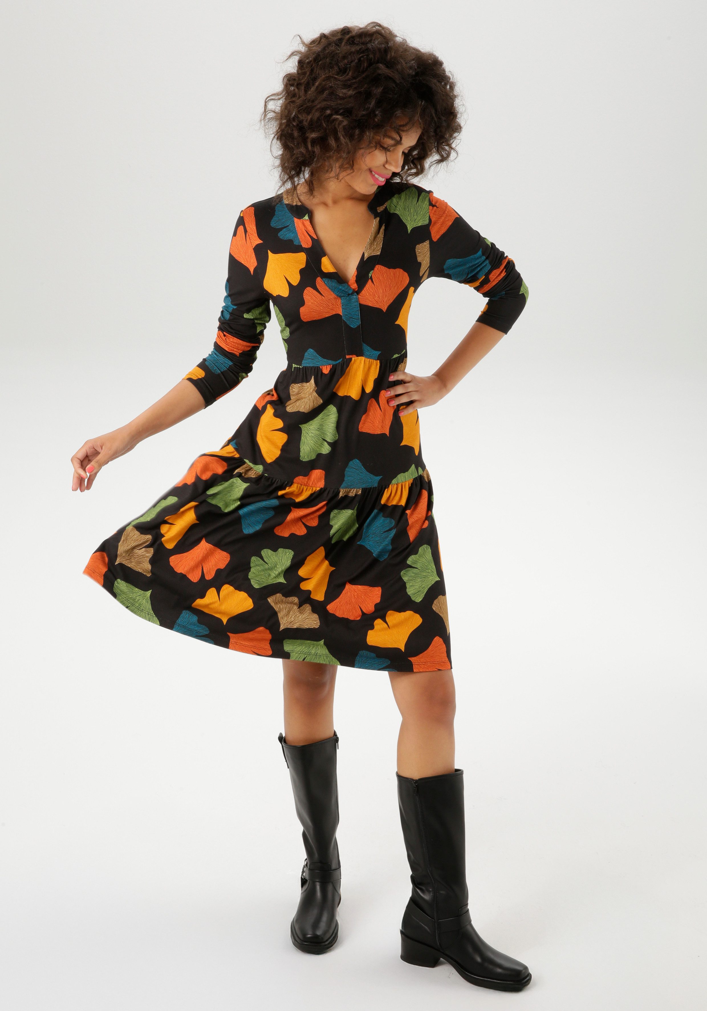 Aniston CASUAL Jerseykleid mit bunten Blättern bedruckt - jedes Teil ein Un günstig online kaufen