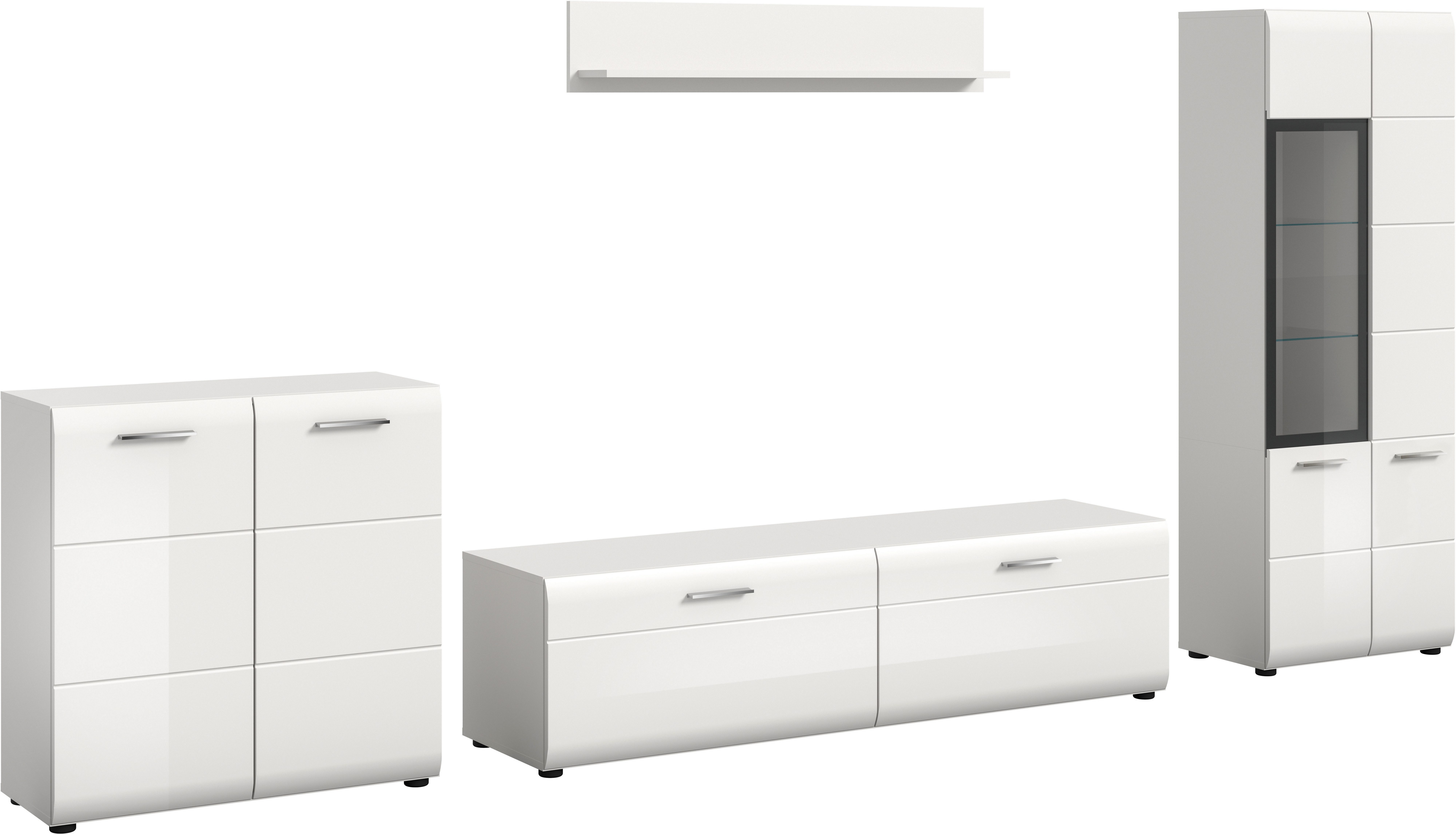 INOSIGN Wohnwand FLORENZ, 4-teilige Wohn-Kombination, hochwertige MDF-Front, (Set, 4-St., Set, best. aus: 1 Kommode, 1 Lowboard, 1 Vitrine, 1 Wandboard), Wohn-Kombination, Wohnzimmer-Möbel, Wohnzimmer,Kombination, Kombi