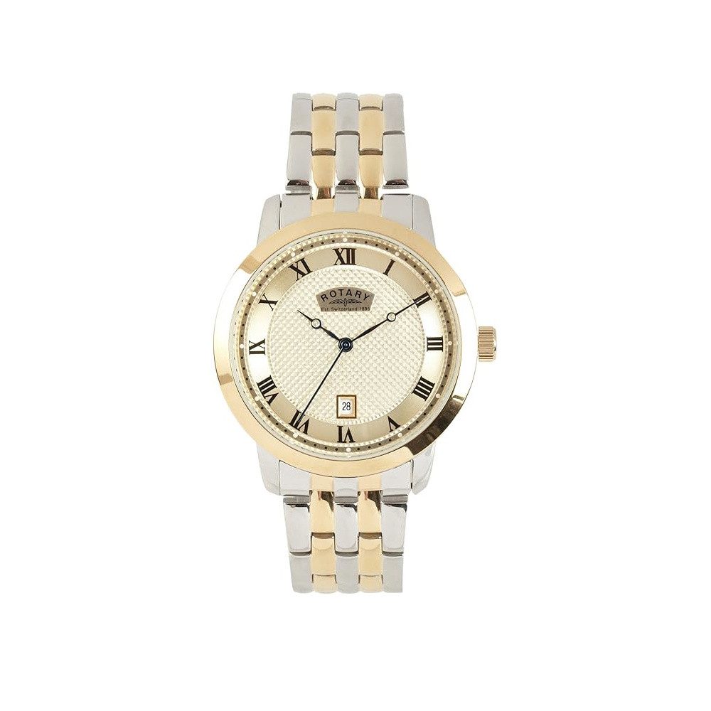ROTARY Quarzuhr Herren Edelstahl bicolor goldenes Zifferblatt römisch Datum GB42826/08, flaches Gehäuse, Lünette goldfarben