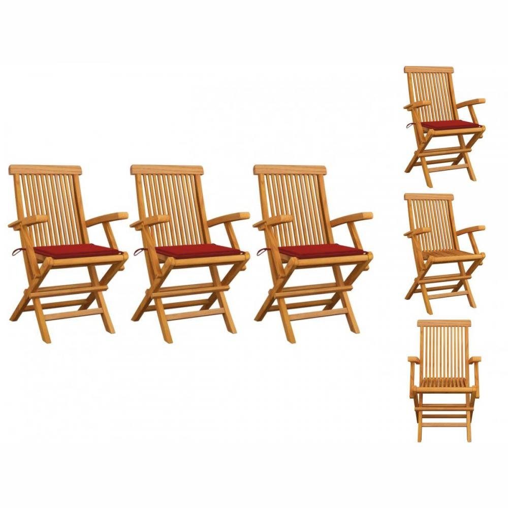 vidaXL Gartenstuhl Gartenstühle mit Roten Kissen 3 Stk Massivholz Teak Holz