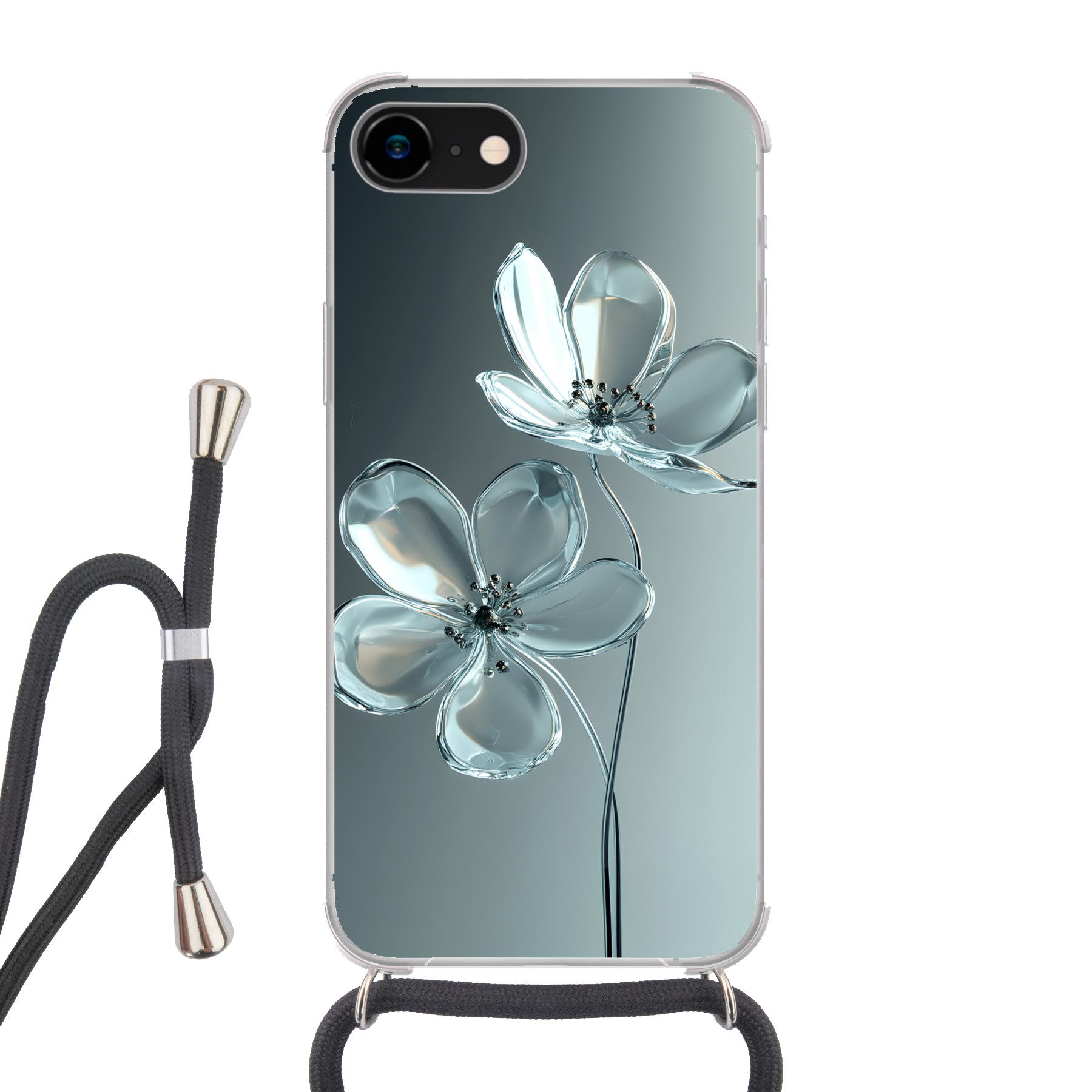 MuchoWow Handyhülle für Apple iPhone 7 Kristall - Blumen - Grau, Tragbare Handyhüllen mit Kette zum umhängen, Handykette Handyband
