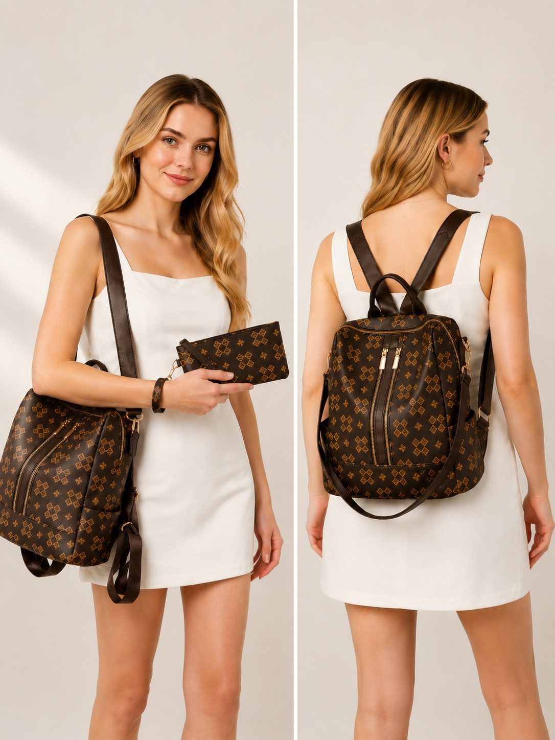 Forrlite Rucksack Damen Rucksack, Kleine 2 in 1 Rucksackhandtasche (Wasserdichter City Rucksack mit vielen Fächern, PU Leder Rucksack Handtasche mit Schultergurt, Geschenke für Damen), 2-teiliges Set, Anti-Diebstahl Tagesrucksack für Damen