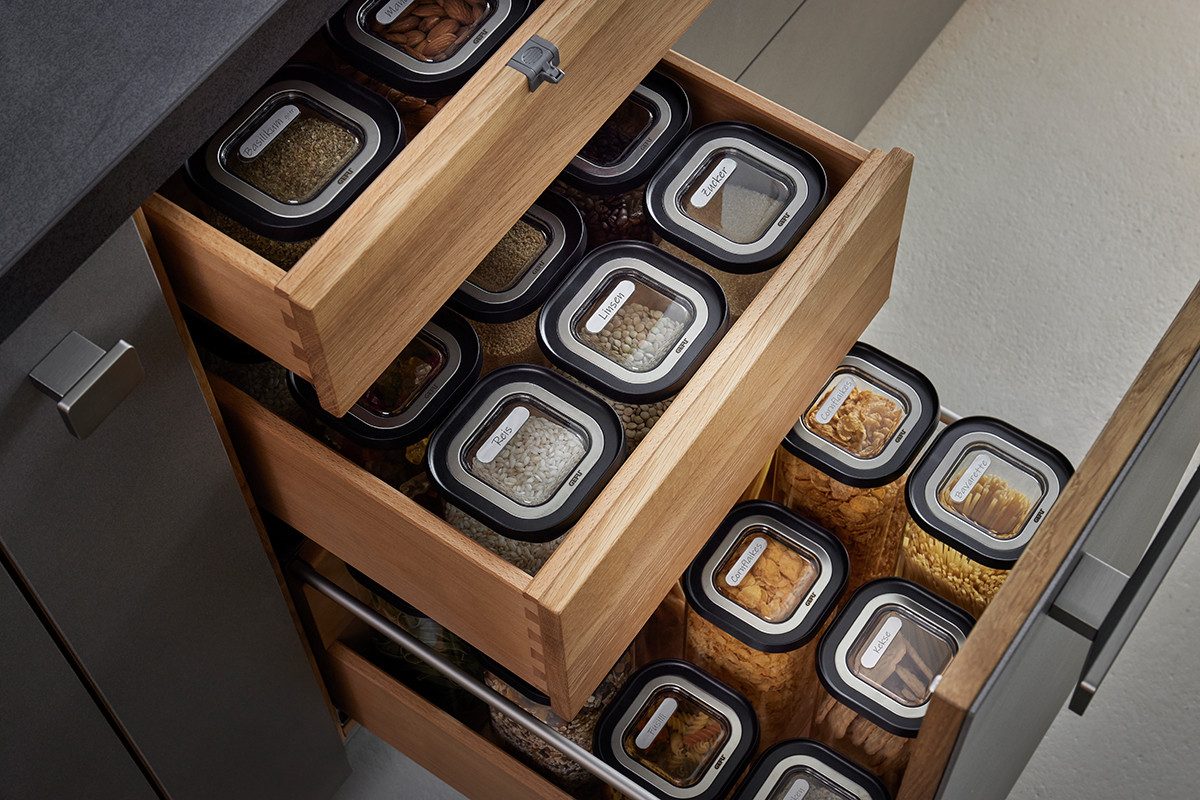 GEFU Vorratsglas PANTRY, Borosilikatglas, Kunststoff, (Set, 8-tlg., 4 Vorratsgläser, 4 Deckel), Stapelbar, luftdicht, transparent, platzsparend