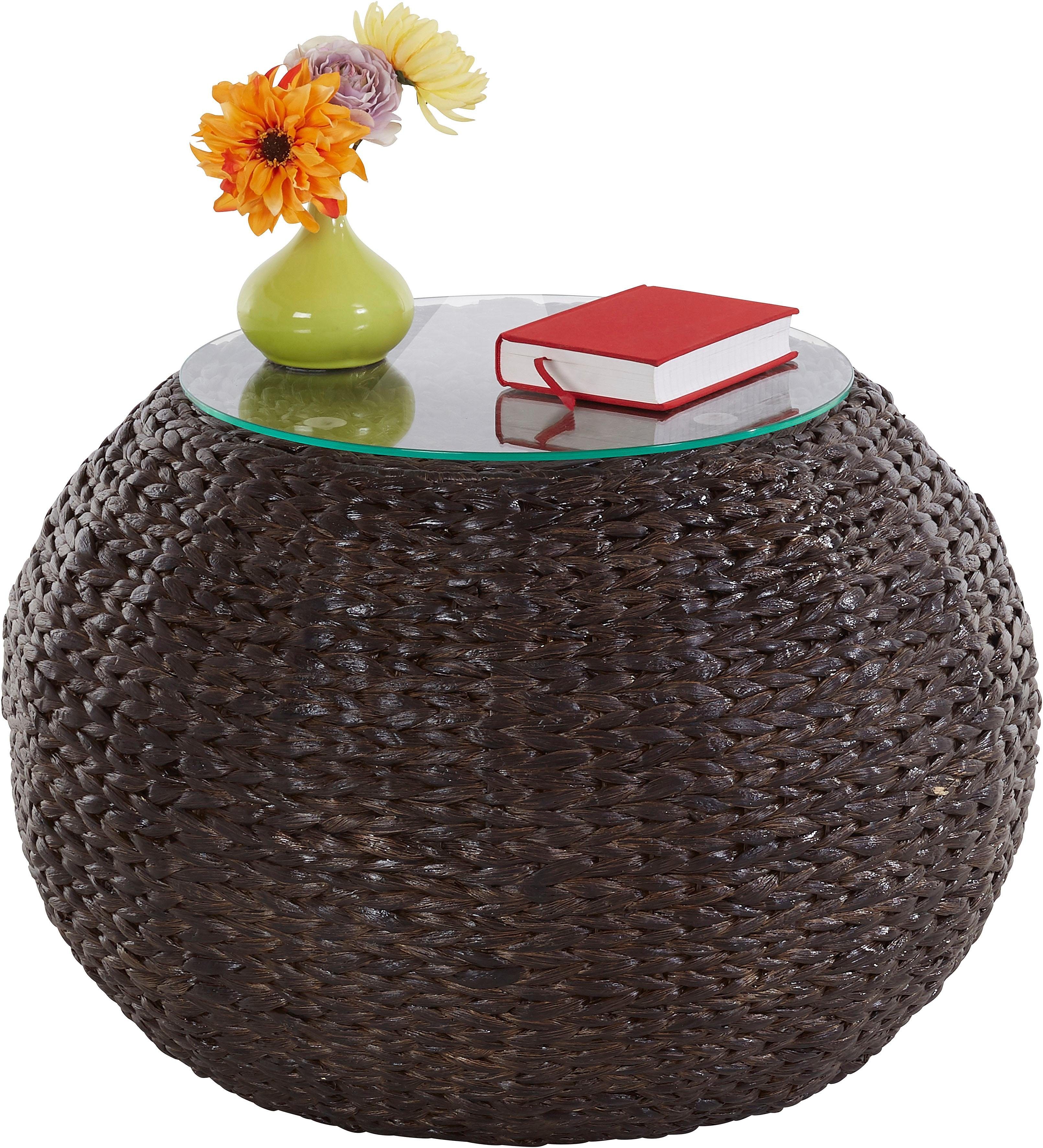 Home affaire Beistelltisch Cedarville, aus Wasserhyazinthengeflecht, mit Glastischplatte, Durchmesser 60 cm
