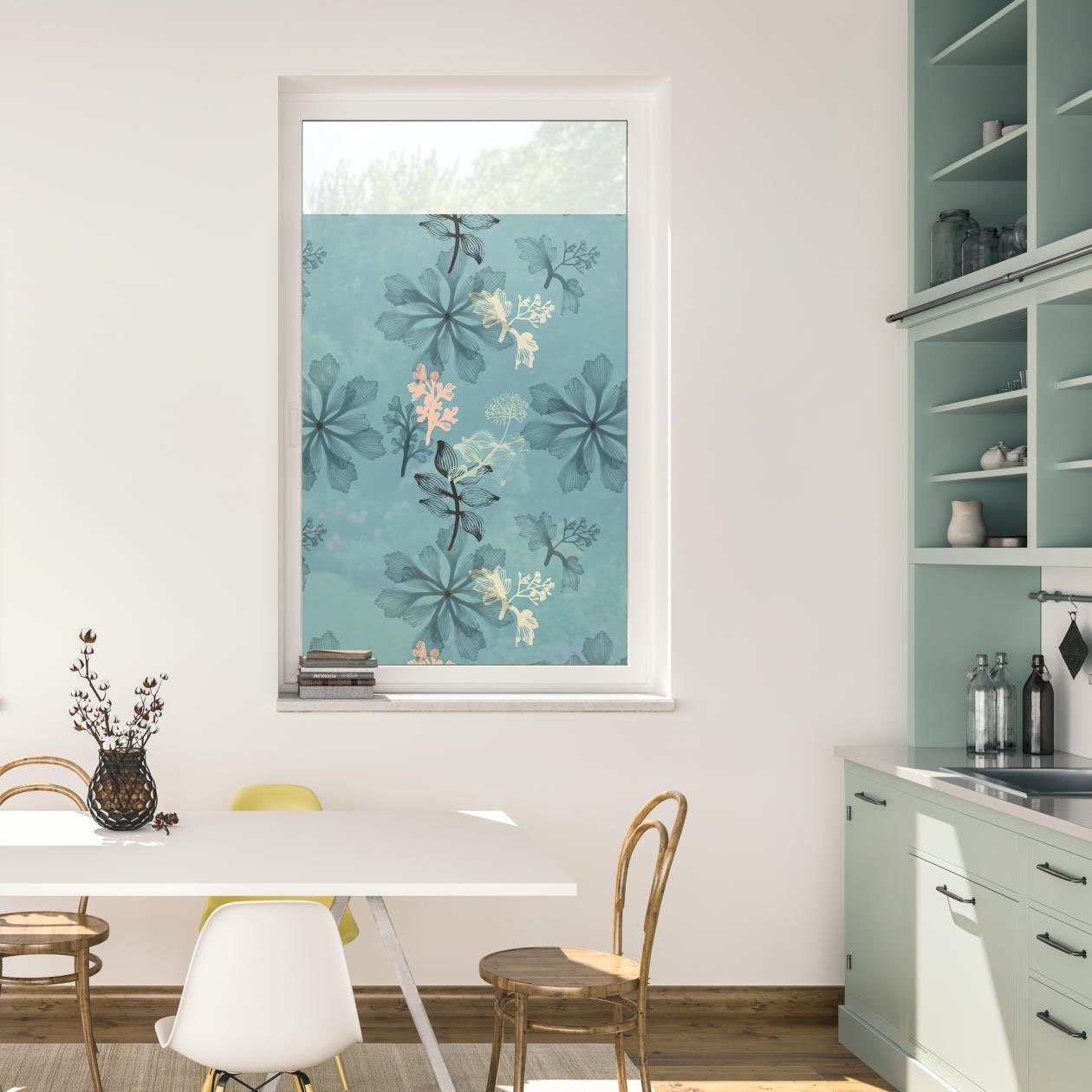 Fensterfolie Fensterfolie selbstklebend, Sichtschutz, Aqua Floral - Blau