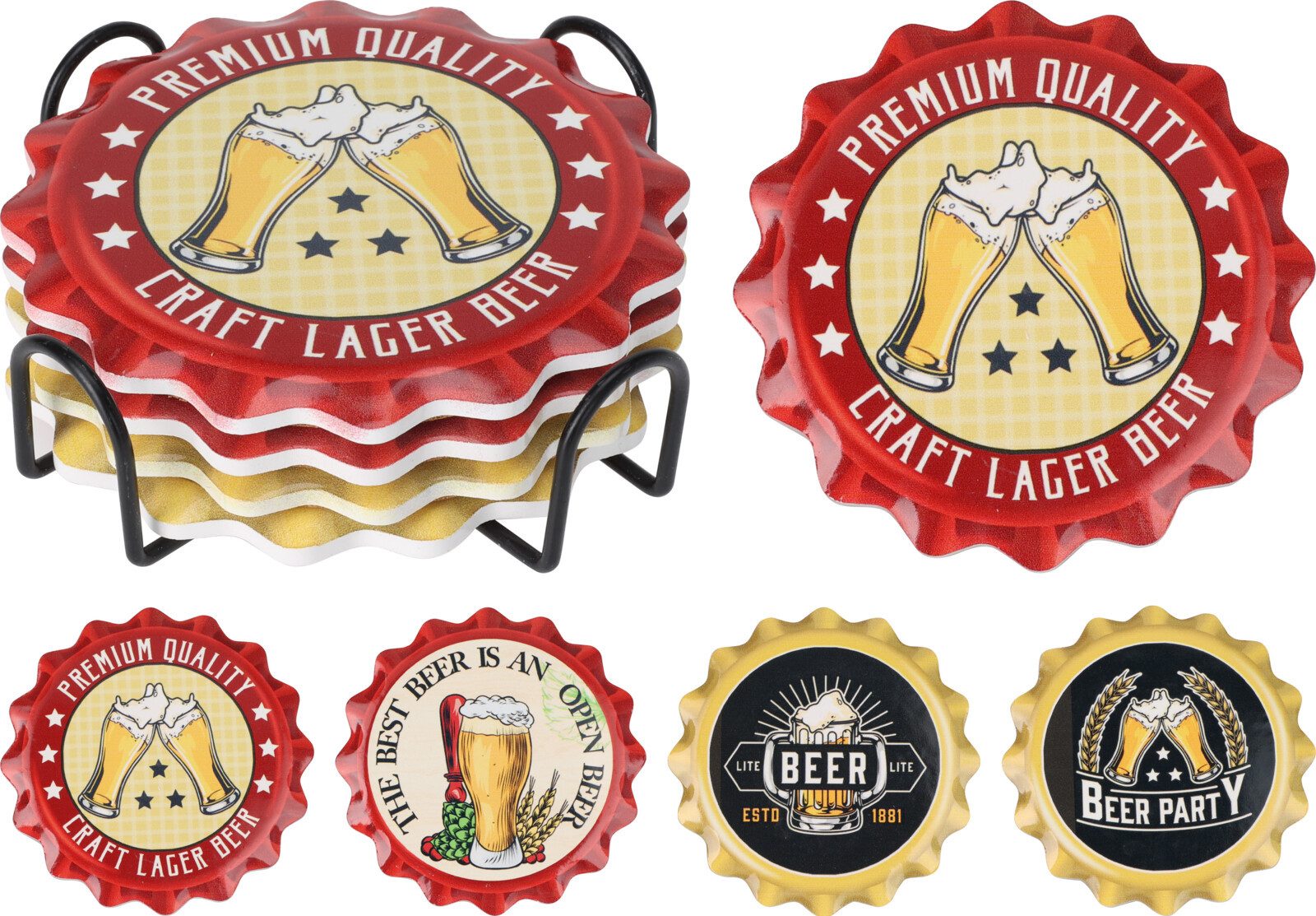 Koopman Getränkeuntersetzer Glasuntersetzer Untersetzer Tassenuntersetzer Ø11cm, 5-tlg., 7tlg, Bier-Motive, inkl. Ständer, Keramik, Korkuntersatz
