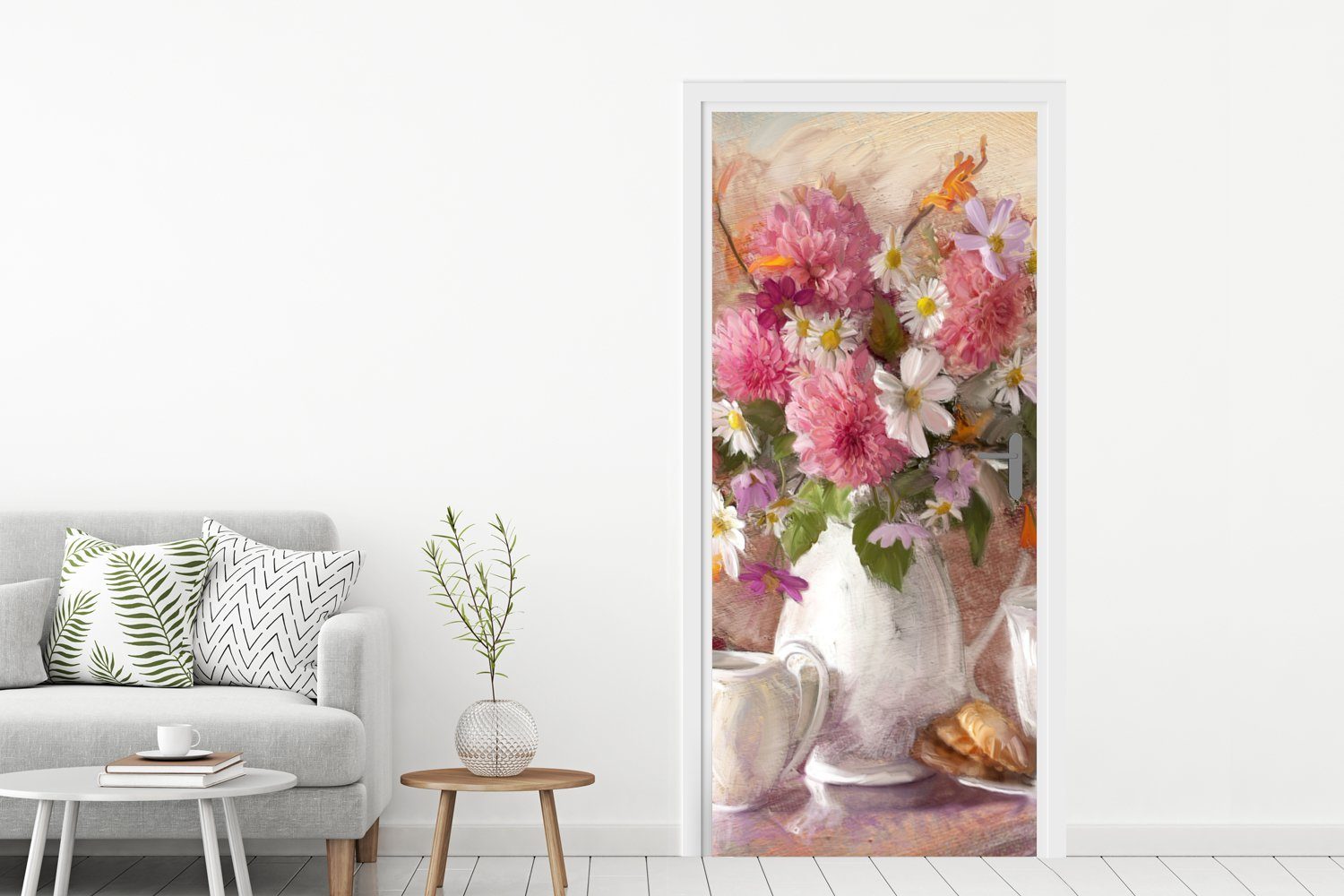 Blumen Tür, Ölfarbe, Türaufkleber, Türtapete (1 für - bedruckt, St), Vase Gemälde MuchoWow - 75x205 Matt, Fototapete cm -
