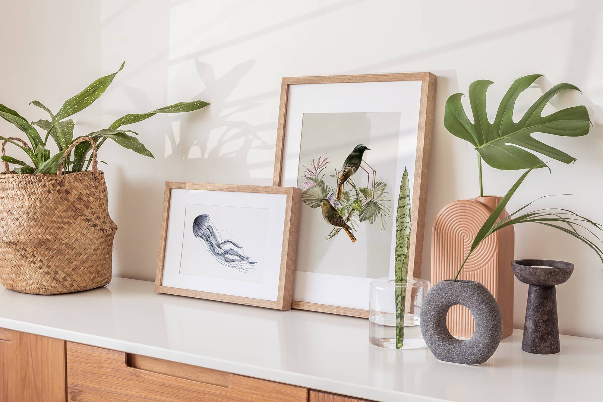 Sinus Art Wandbild Vogel Motiv Fliegenschnäpper Blumen Blüten Exotisch Kunstvoll