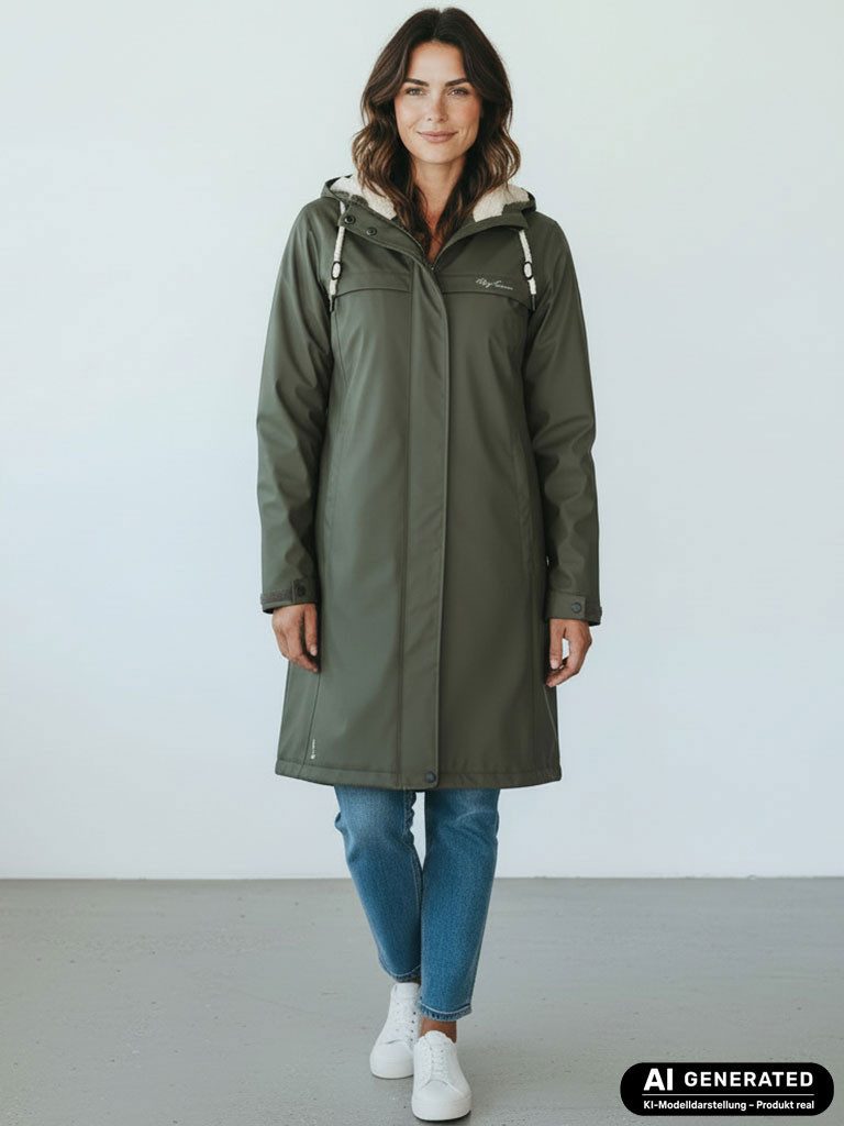 Dry Fashion Regenmantel Oslo Damen PU-Mantel Teddy-Fleece-Futter - Regenjacke Outdoor-Jacke Wind- & wasserdicht, Verschweißte Nähte, 2-Wege-Reißverschluss, Kapuze