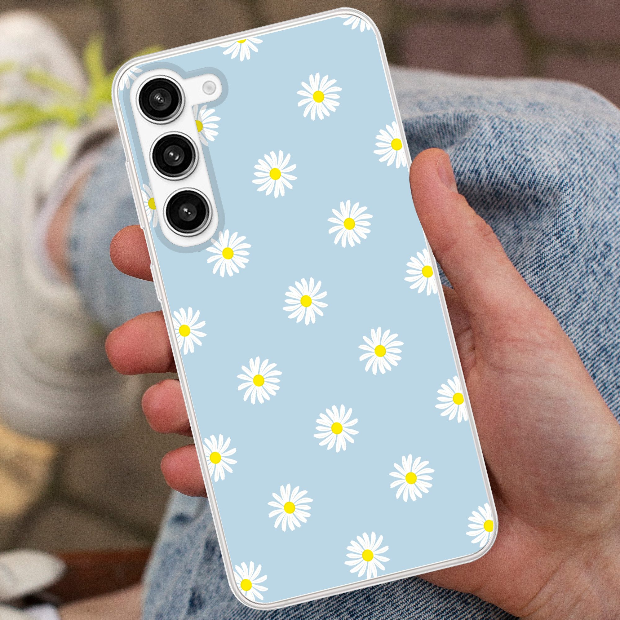 MuchoWow Handyhülle für Samsung Galaxy S23 Plus Gänseblümchen - Pastell - Weiß - Blau - Bl, Phone Case, Silikon, Schutzhülle Dünn