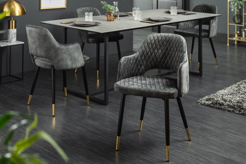 riess-ambiente 4-Fußstuhl PARIS grün/schwarz/gold – Samt, Metall-Füße, Armlehne & Ziersteppung (Einzelartikel, 1 St), gepolsterter Esszimmerstuhl im edlen Look – ideal für Esstisch & Küche