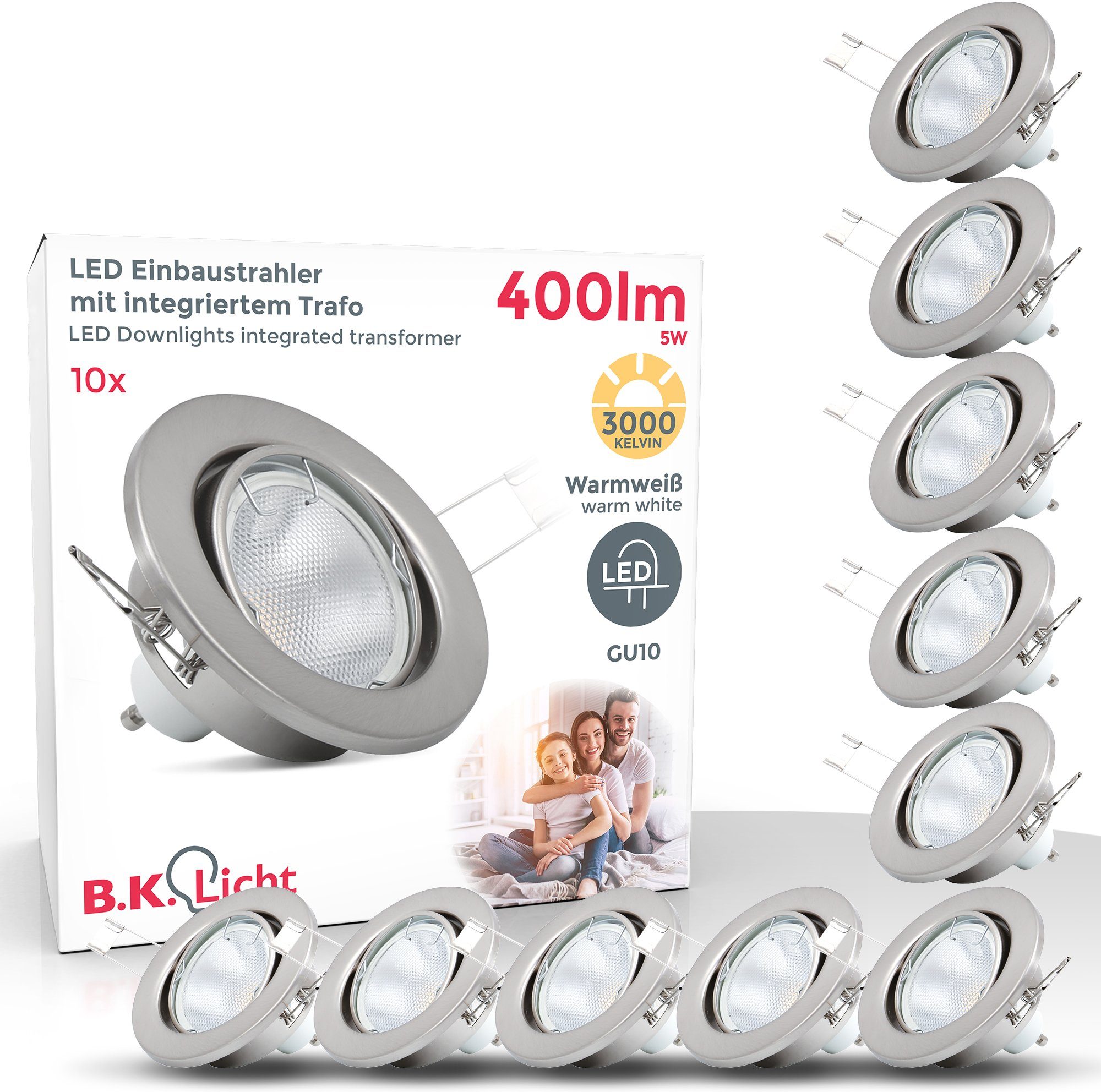 GU10 Einbauleuchten, Warmweiß, LED matt B.K.Licht wechselbar, Einbau-Spots, LED Einbaustrahler, schwenkbar, nickel, LED