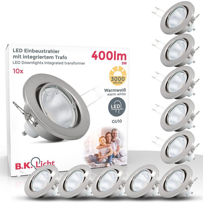 B.K.Licht LED Einbaustrahler LED wechselbar Warmweiß LED Einbauleuchten schwenkbar Einbau-Spots nickel matt GU10