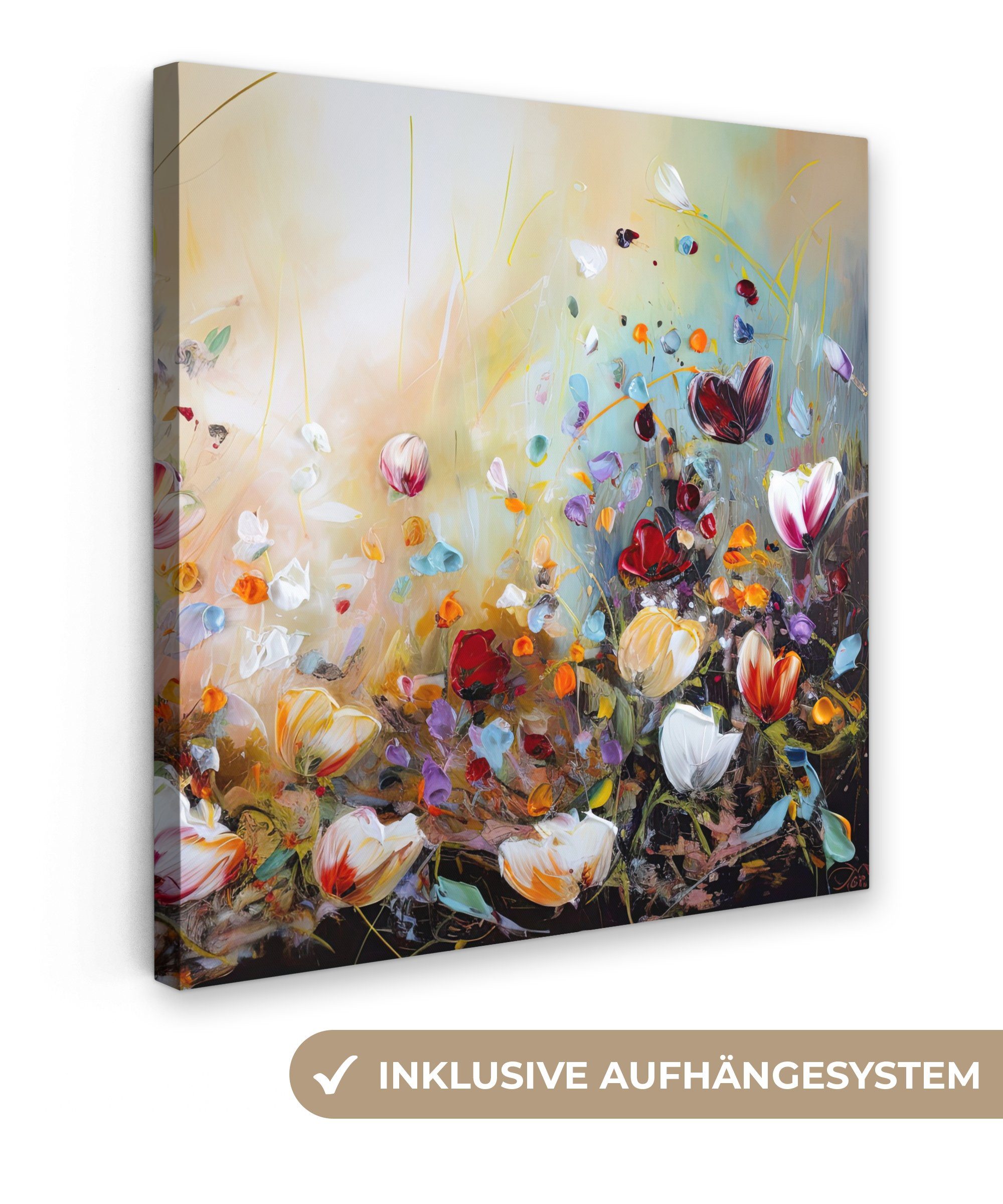 OneMillionCanvasses® Leinwandbild Ölfarben - Blumen - Farbenfroh - Natur, Fotodruck (1 St), Wandbild, Deko Schlafzimmer Wohnzimmer Flur 20x20 cm
