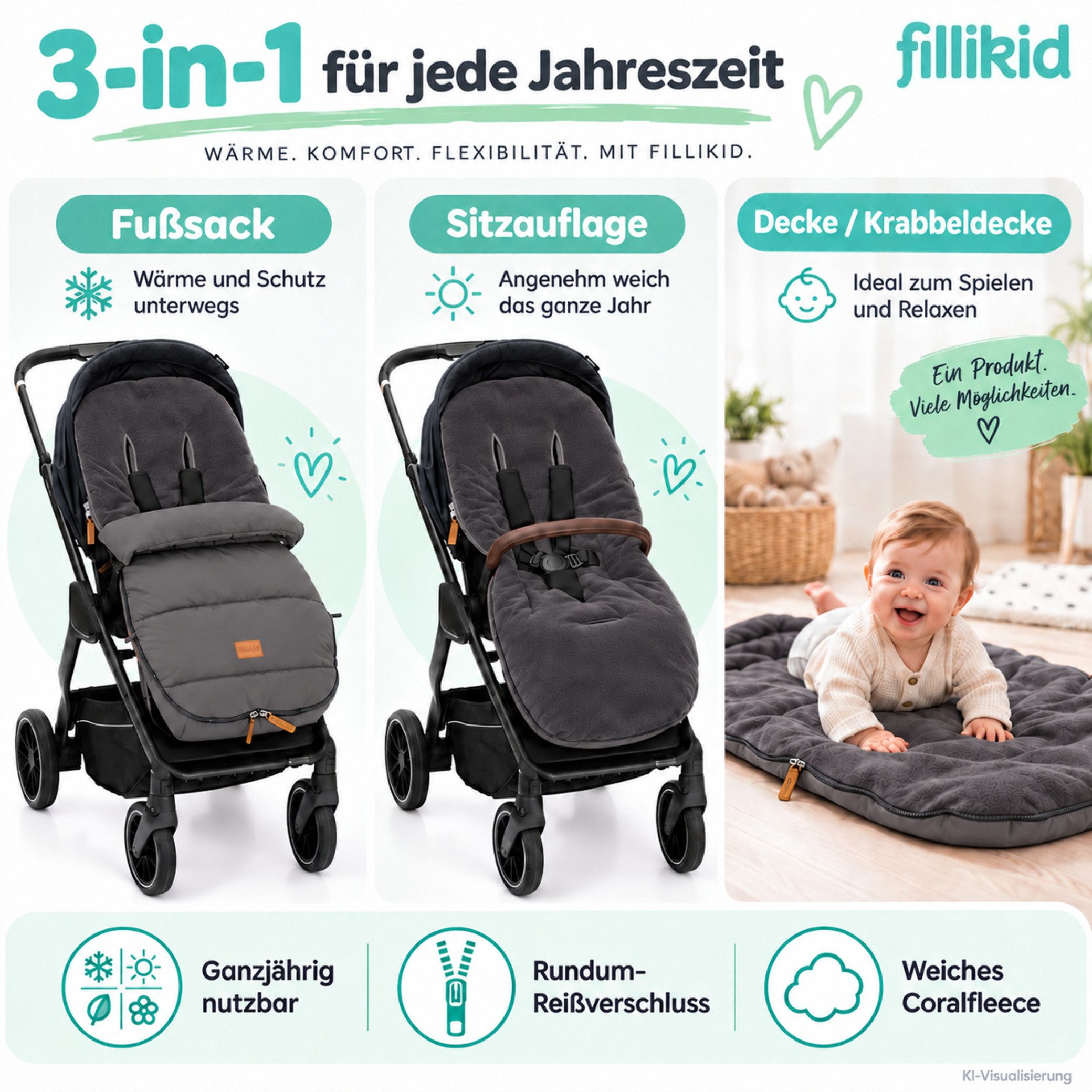 Fillikid Fußsack Winterfußsack Kinley Exklusiv, warmer Winterfußsack waschbar mit Rundum Reißverschluss und – Bild 3 von 5