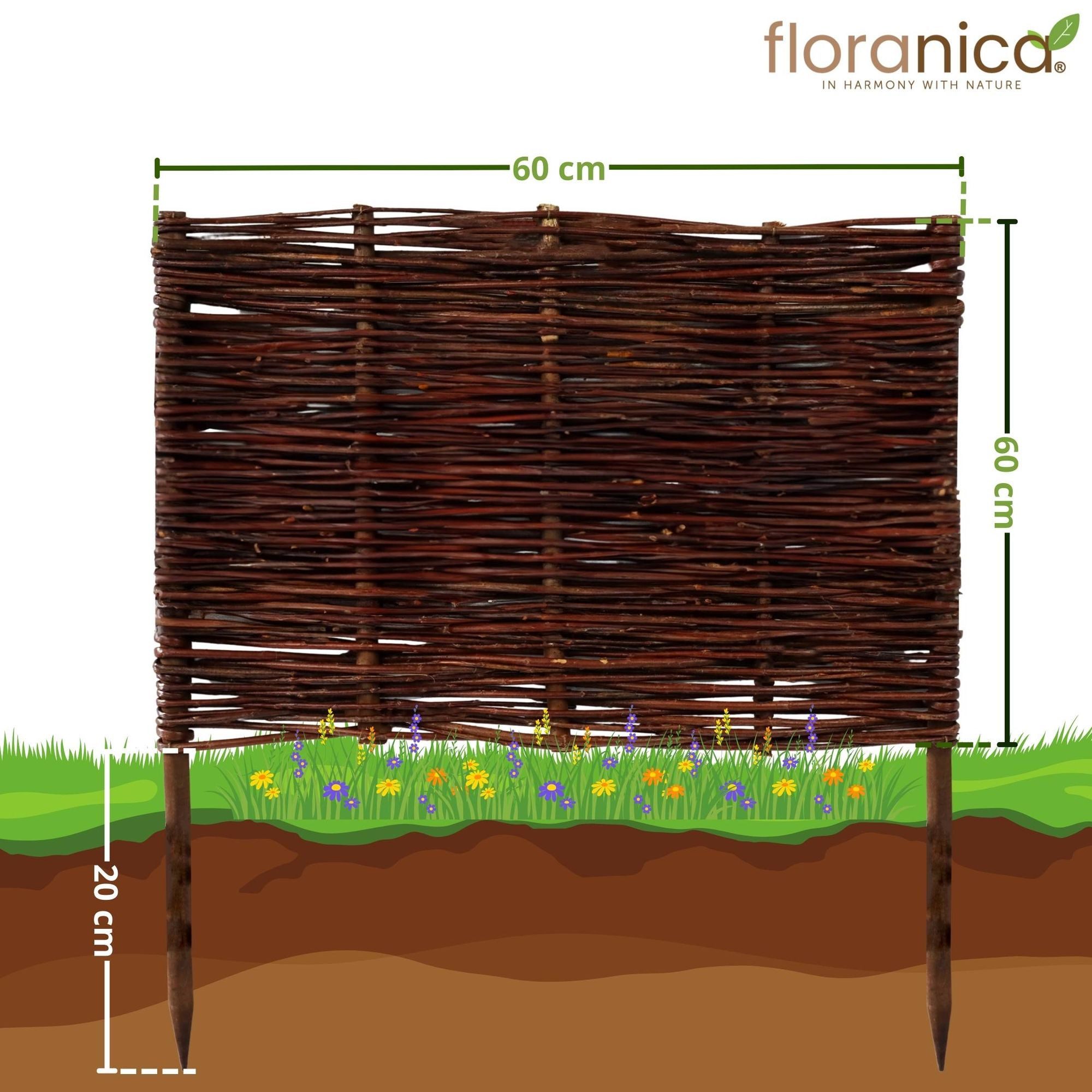 Floranica Weidenzaun Beeteinfassung Beetbegrenzung aus Weide Steckzaun, (1-St., (L:H) 60 x 60 cm), Rasenkante aus Weidengeflecht Beetzaun Weidenzaun Beetumrandung
