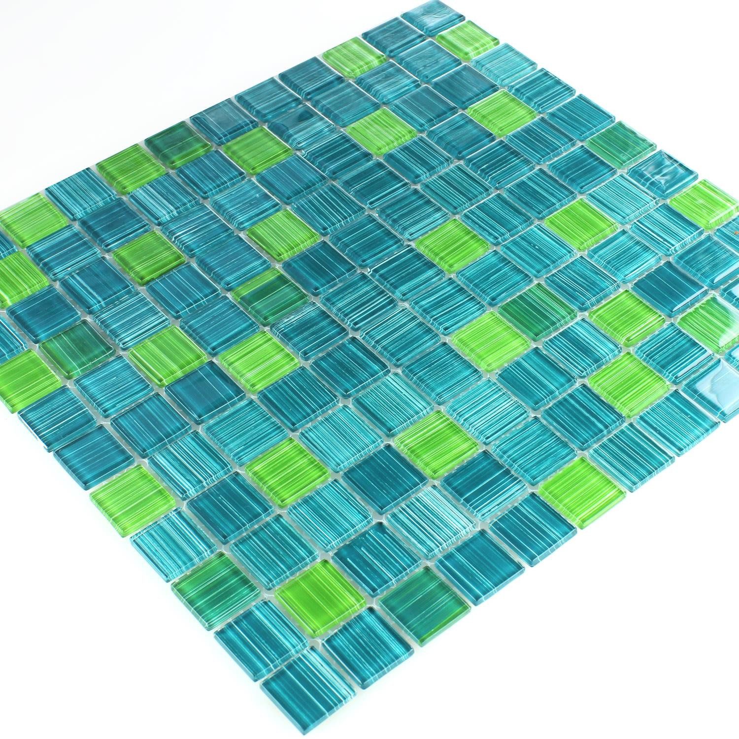 Mosafil Mosaikfliesen Glasmosaik Fliesen Lafayette Gestreift, Glas 32.700x30.200, grün-blau, Verlegefertig auf ein Netz geklebt - Frostsicher - Wasserfest